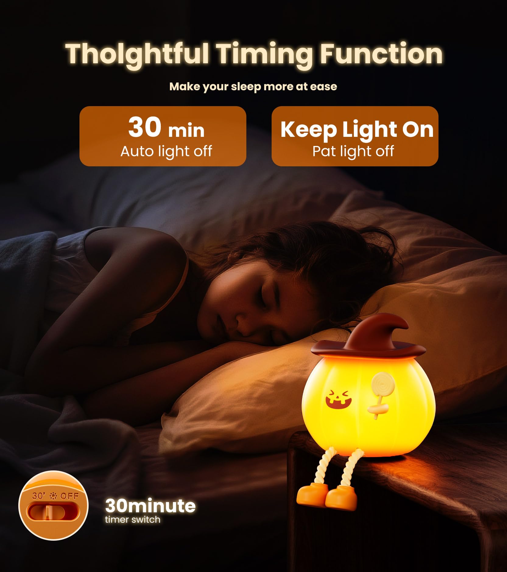 Upgraded Pumpkin Magic Night Light, Timer Function + 3-Level Brightness Adjustment Touch-Controlled Bedside Lamp, Usb-Charged So