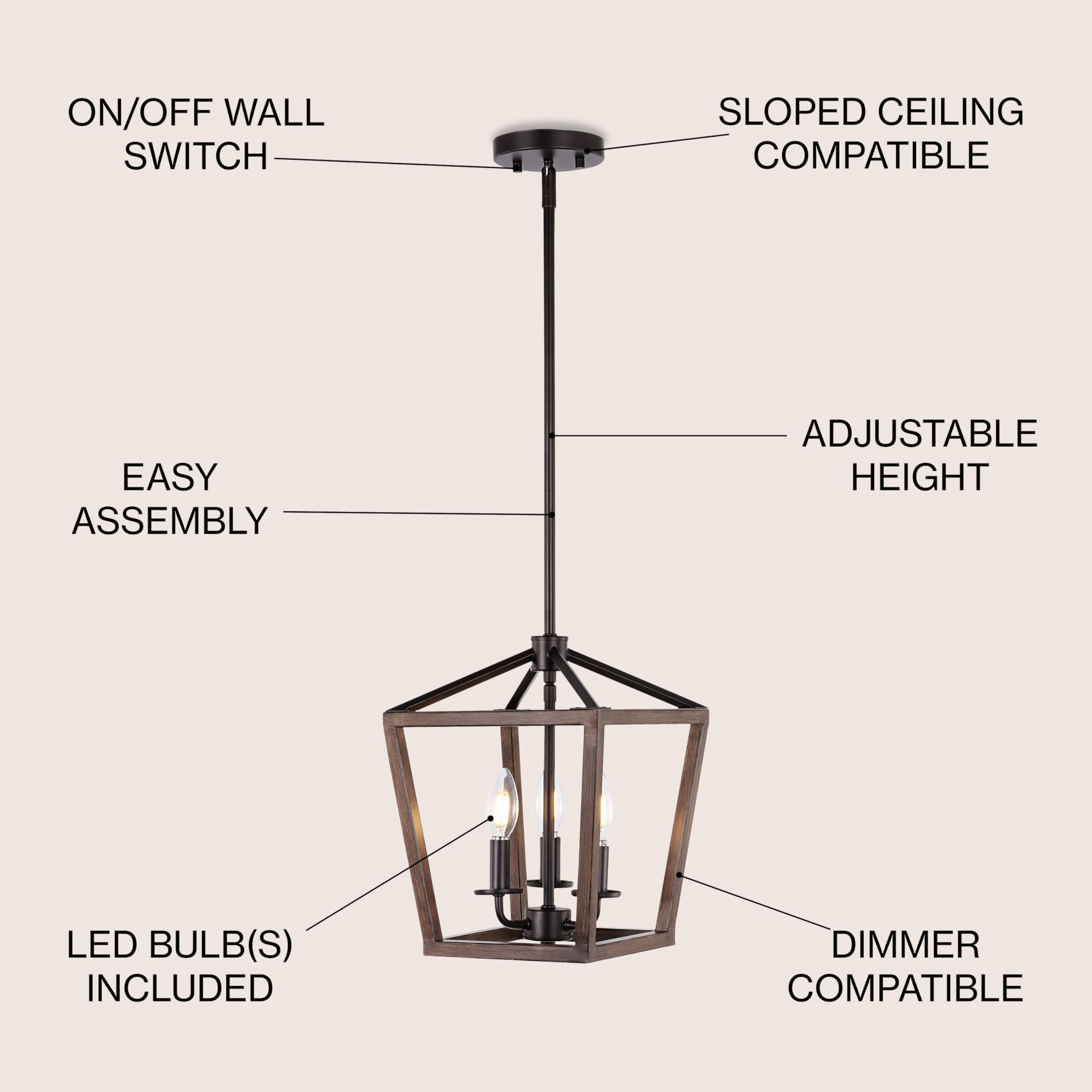 JONATHAN Y 10in 3-Light Industrial Lantern Pendant, Metal, Faux Wood-Oil Rubbed Bronze, Model JYL1321A