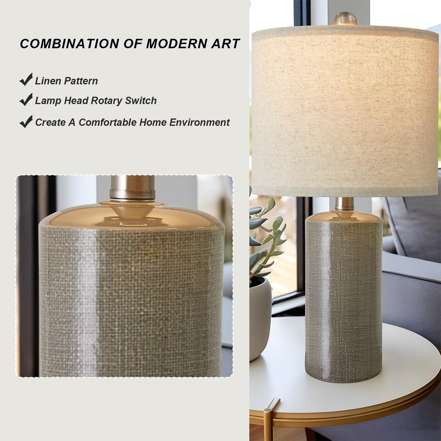 G-SAFAVA Ceramic Table Lamp Set of 2, 20.25" Modern Dark Grey Bedside & End Table Lamps for Living Room & Office - Model AMZ-T1109DG0