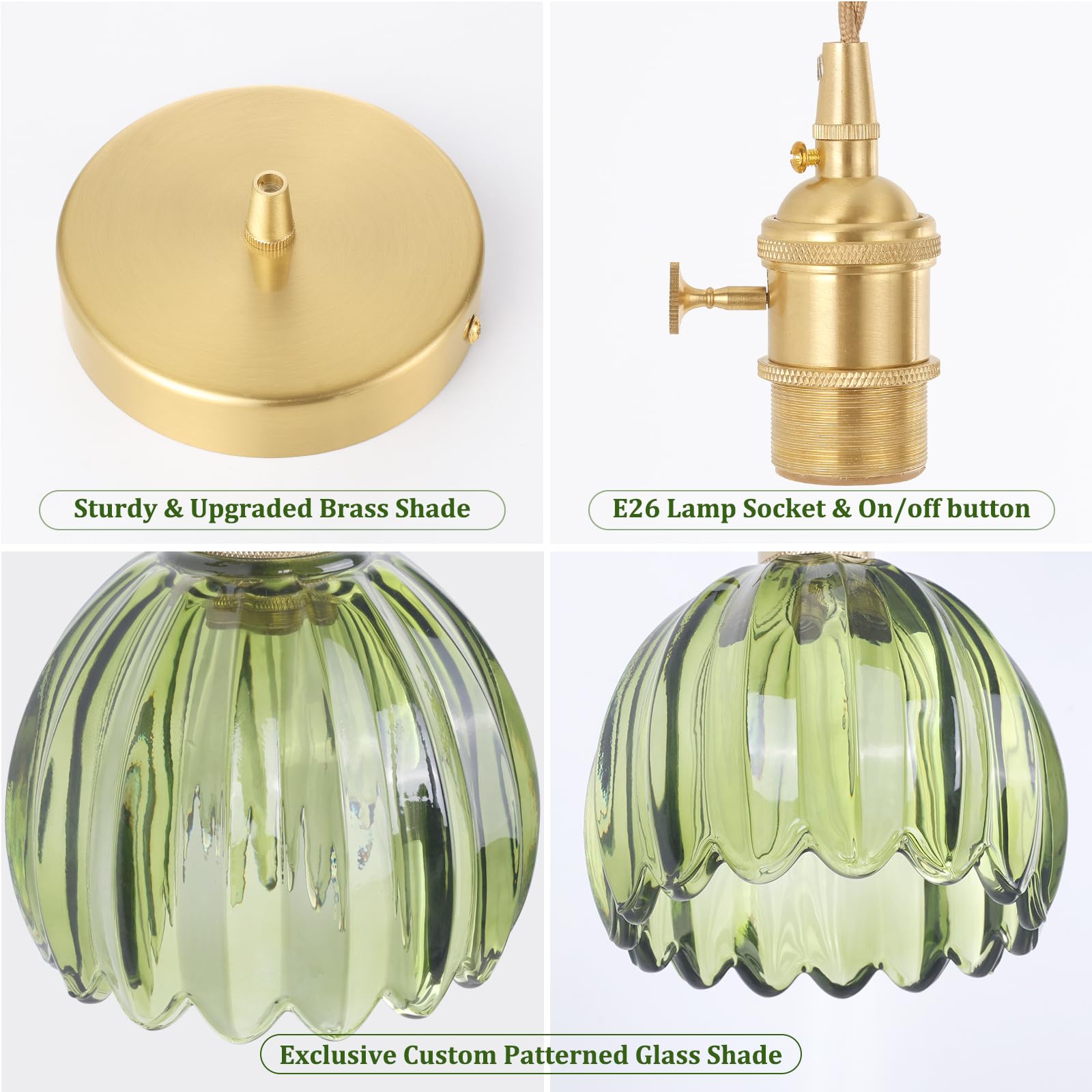 Shenmoyl Mini Pendant Light With Green Tulip Glass Lmapshade, Brass Vintage Pendant Light Adjustable Hanging Light For Kitchen I