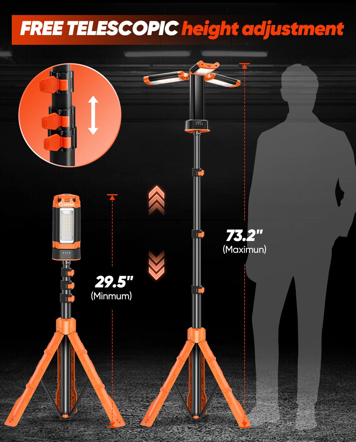 Saker Portable Camping Light LD18 - 20000mAh Rechargeable, 800/3200 Lumen, 73inch Stand, Orange - Ideal for Camping, Garage, and Emergencies