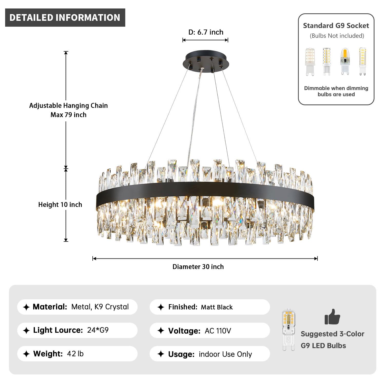 TMAFON Modern Black Crystal Chandelier, K9 Raindrop Pendant Light, 30" Diameter, Ideal for Dining Room, Living Room, Bedroom, Entryway