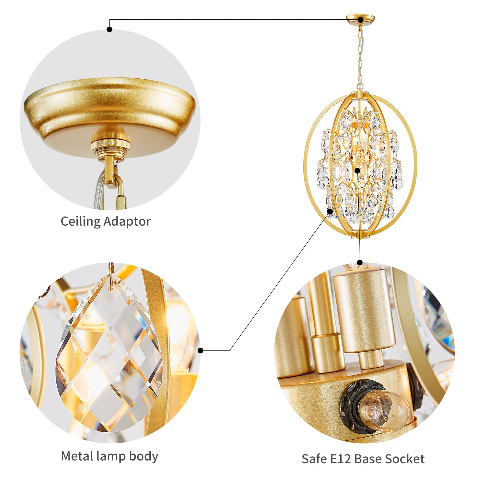 WUZUPS Globe Crystal Chandelier, 8-Light Pendant Light, 23.6in H x 19.7in W, Gold, Model USHD30508-8-G, Metal