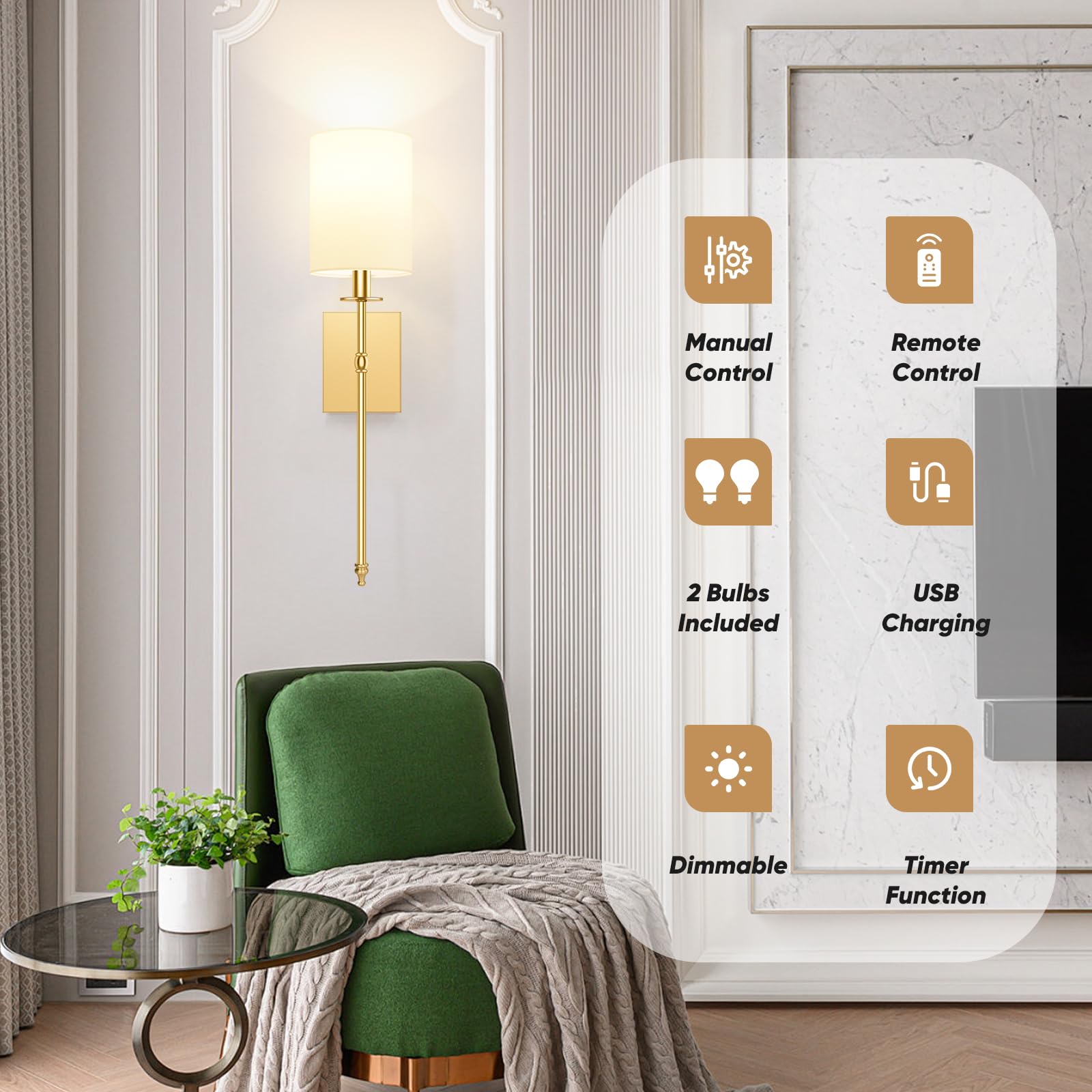 Bosceos 24.8 Inch Wall Sconces Set of 2, Gold Metal, Wireless, Remote-Controlled with White Fabric Shade, Dimmable, Model L2018-1BS