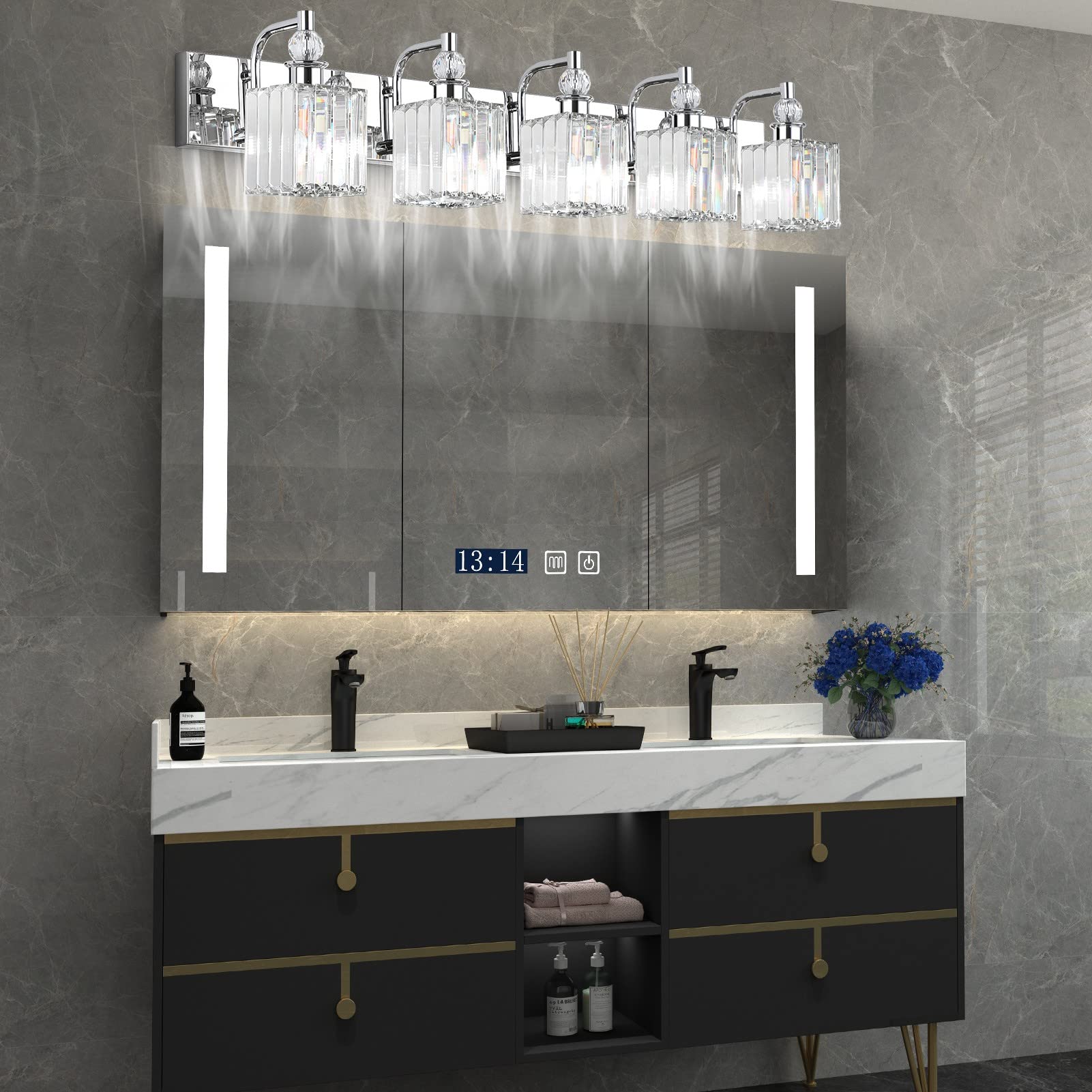 Ralbay Modern Crystal Bathroom Vanity Light 5 Light 40in Chrome Stainless Steel Model 8606
