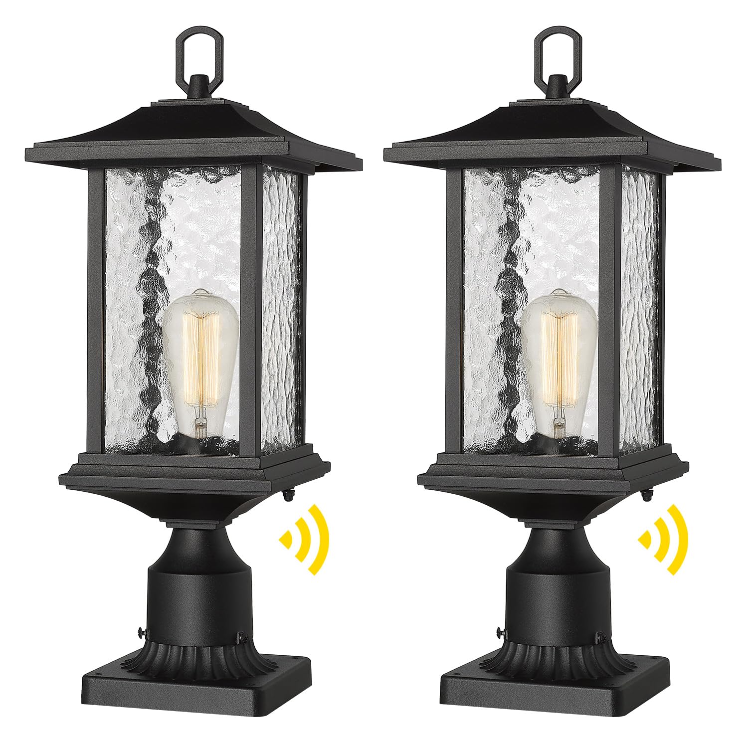 Beionxii Dusk to Dawn Outdoor Post Lights, Large 21in Black Aluminum Lantern, Model BXA272-P-2PK, Water Glass, Set of 2