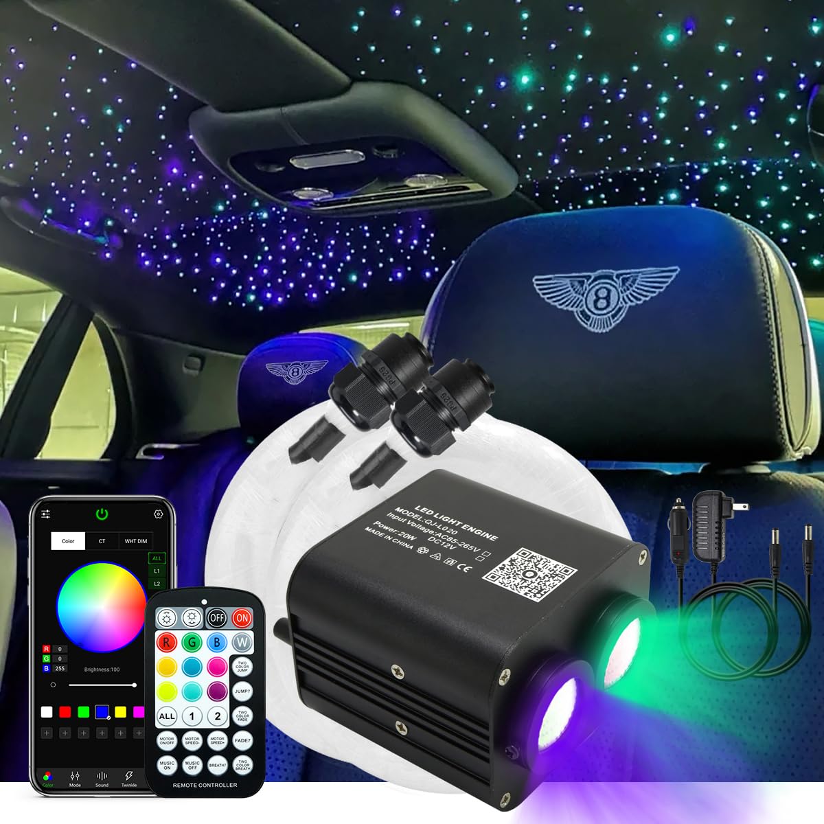 AKEPO APP 20W Dual-Color Fiber Optic Lights 13.1ft/4m 600pcs of 0.03in Optical Fibers, 2 Light Color Heads RGBW Twinkle+Sound Ac