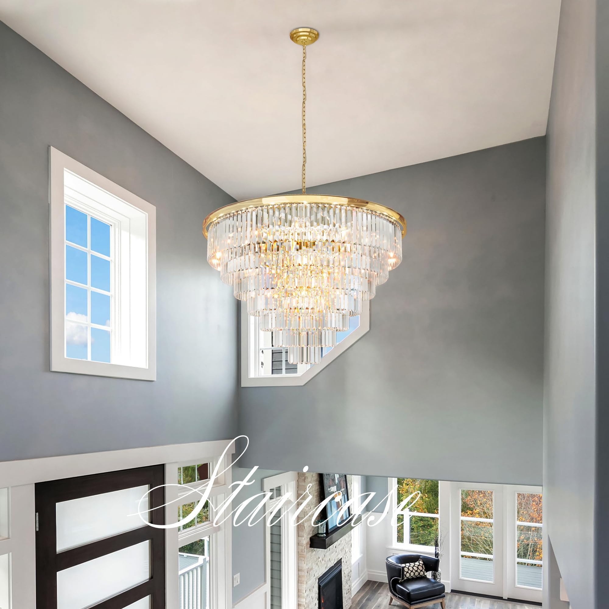 Meelighting Gold Crystal Chandelier Lighting Modern Contemporary Empress Chandeliers Pendant Ceiling Lamp Light Fixture 7-Tier For Dining Living Room Hotel 24 Lights W39.4