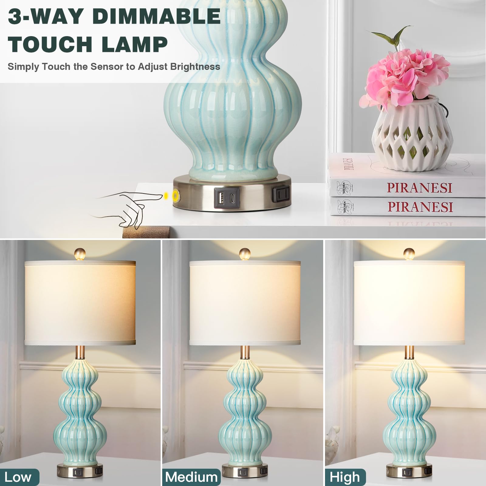Rinweey Triple Gourd Ceramic Table Lamps Set Of 2, Modern Blue Bedside Lamps With Usb A+C Ports & Ac Outlet, 3 Way Touch Control Contemporary Nightstand Lamps For Bedroom Living Room (Bulb Included)