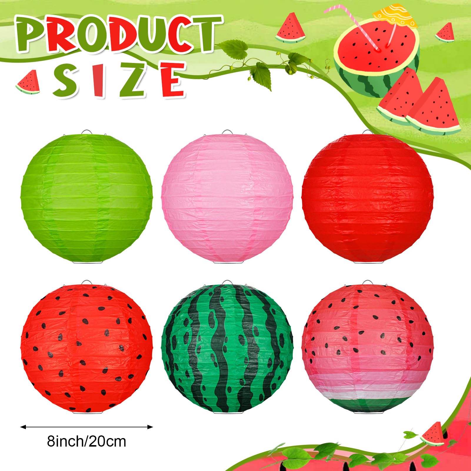 Panelee 12 Pcs Watermelon Paper Lanterns Party Decorations 8 Inch Hanging Round Paper Lanterns For Holiday Indoor Outdoor Party