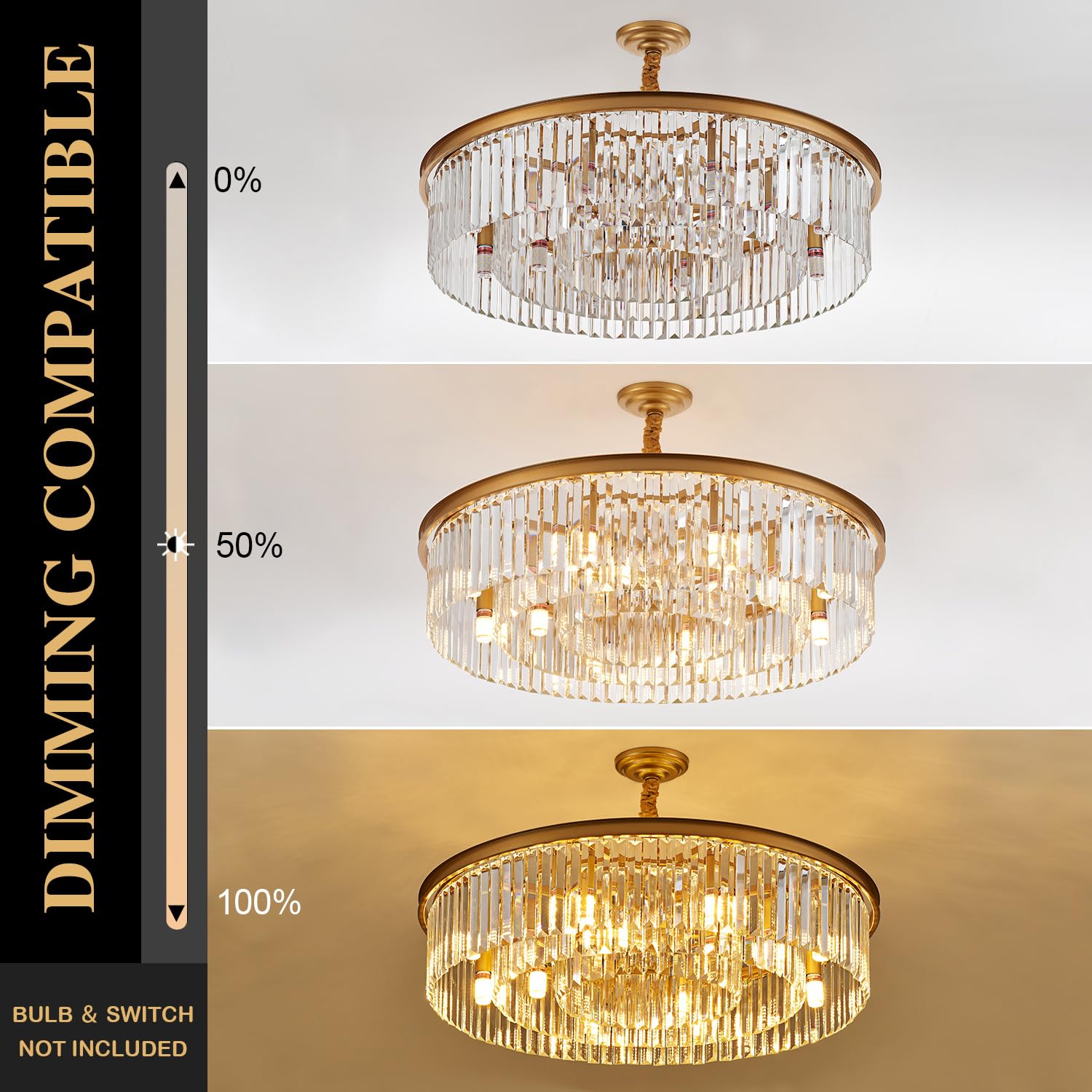 lighceac 31.5" 12-Light Modern Crystal Chandelier, Gold Metal, 3-Rings, Luxury Pendant Lighting for Living Room, Entryway, Kitchen