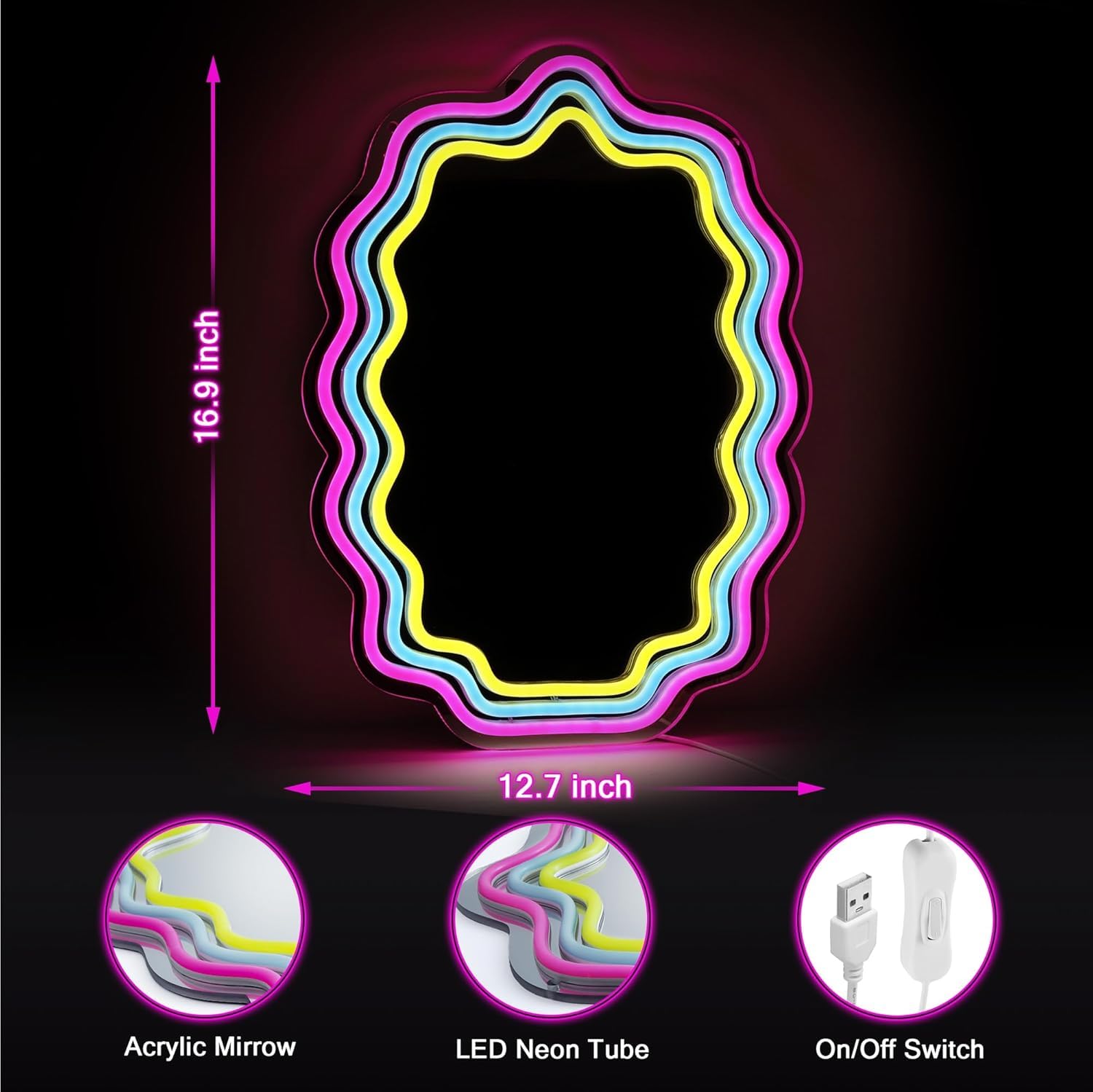 Kavaas LED Wave Mirror, 16.9in x 12.7in, Wavy Neon for Bedroom, Best Gift for Teen Girls