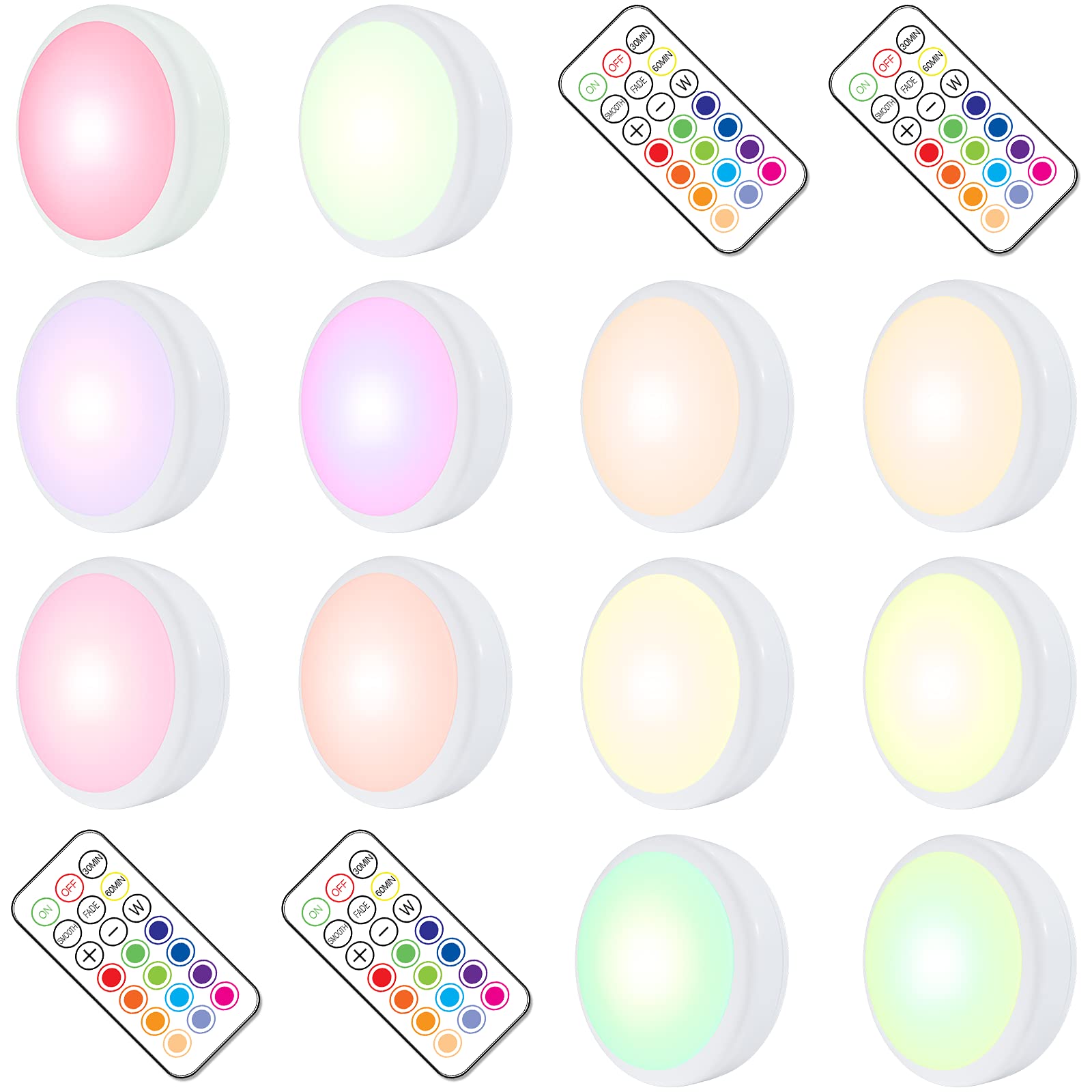 Helplex Puck Lights With Remote, Color Changing Led Stick On Lights Battery Powered Dimmable Under Cabinet Lights Wireless Under