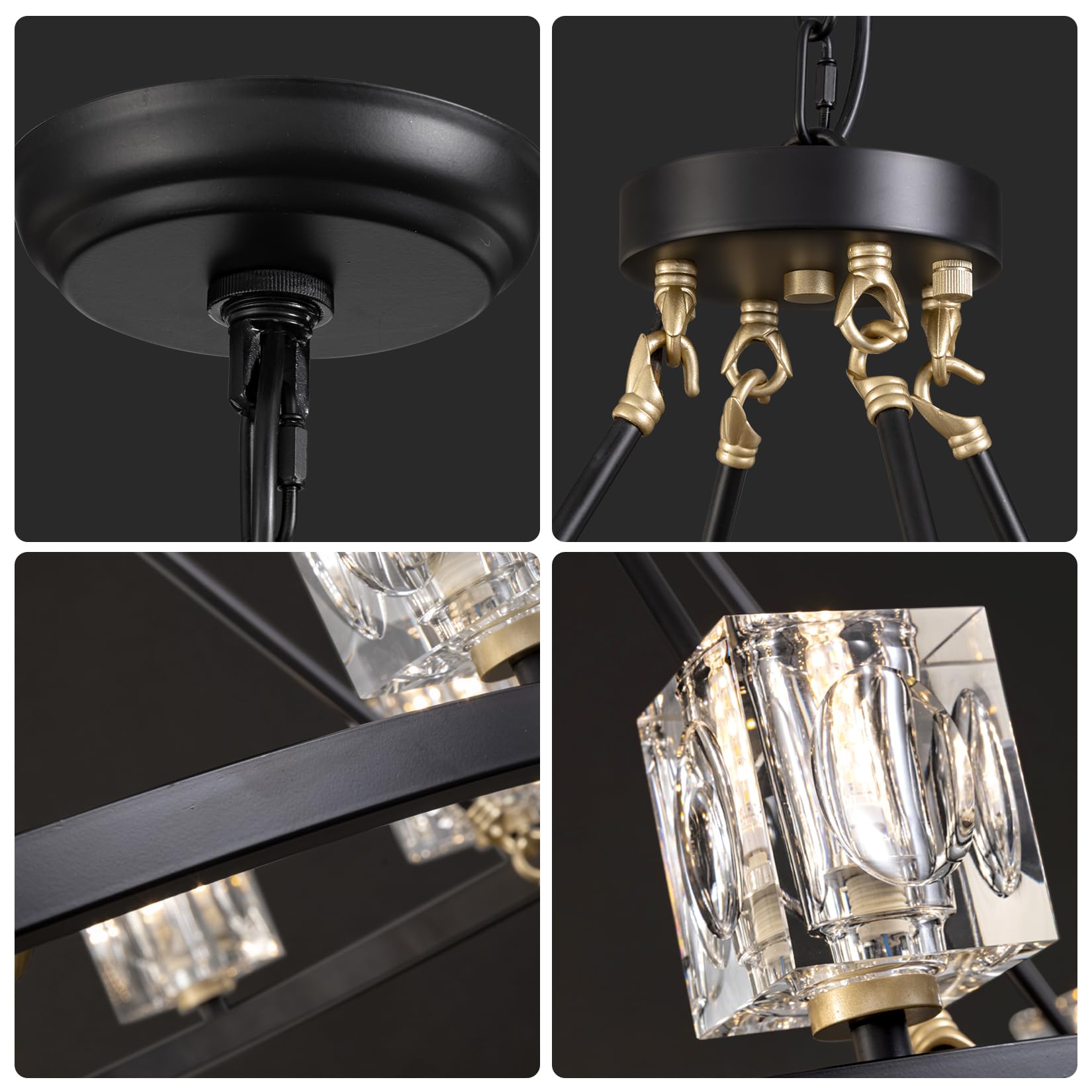 Okes Black Wagon Wheel Chandelier, 8-Light Farmhouse Crystal Chandeleirs With Adjustable Height,Ceiling Hanging Light Fixture Pe