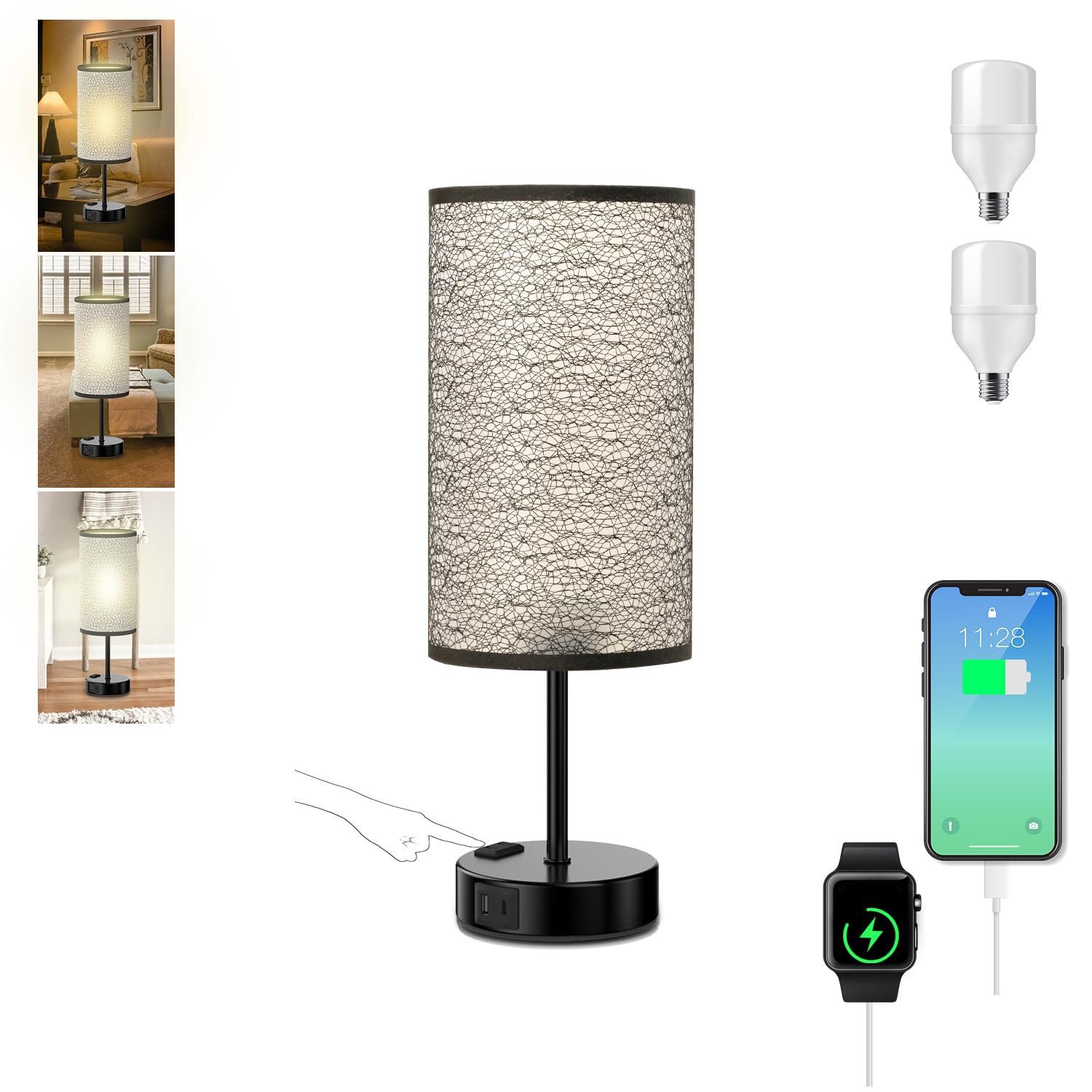 YIDPU Table Lamp with Touch Control, USB C+A Ports, 3-Color LED Light, Fabric Shade, Black, 1PCS, Model 1