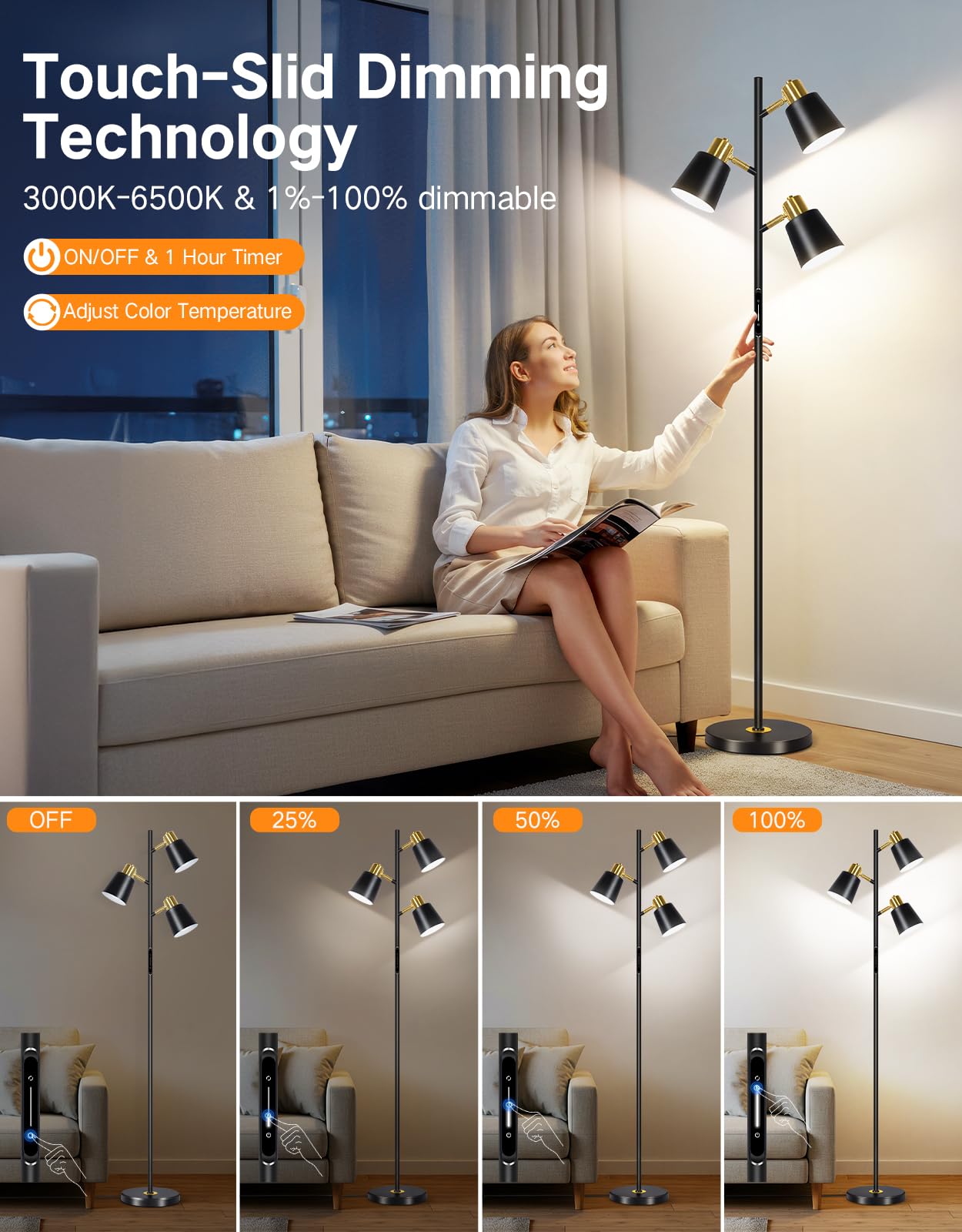 OUTON LED Tree Floor Lamp - Modern Dimmable Standing Lamp with Remote, 4 Color Temps, 3 Rotatable Lights, Black & Gold