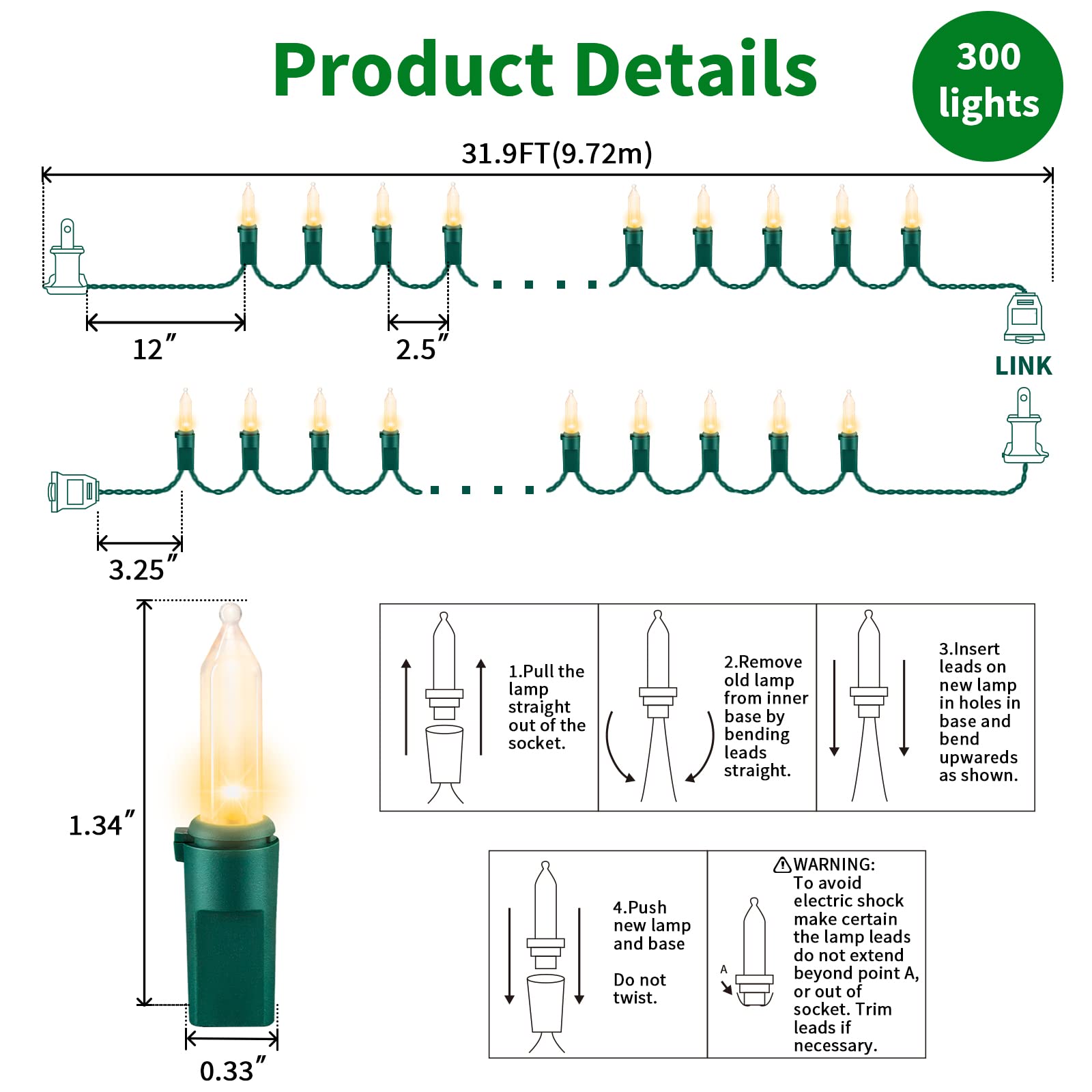 LAMPHOME 300 Count Warm White Christmas String Lights, 63.8ft, UL Certified, Clear Mini Bulb Set for Outdoor Decor (2pk of 150L)