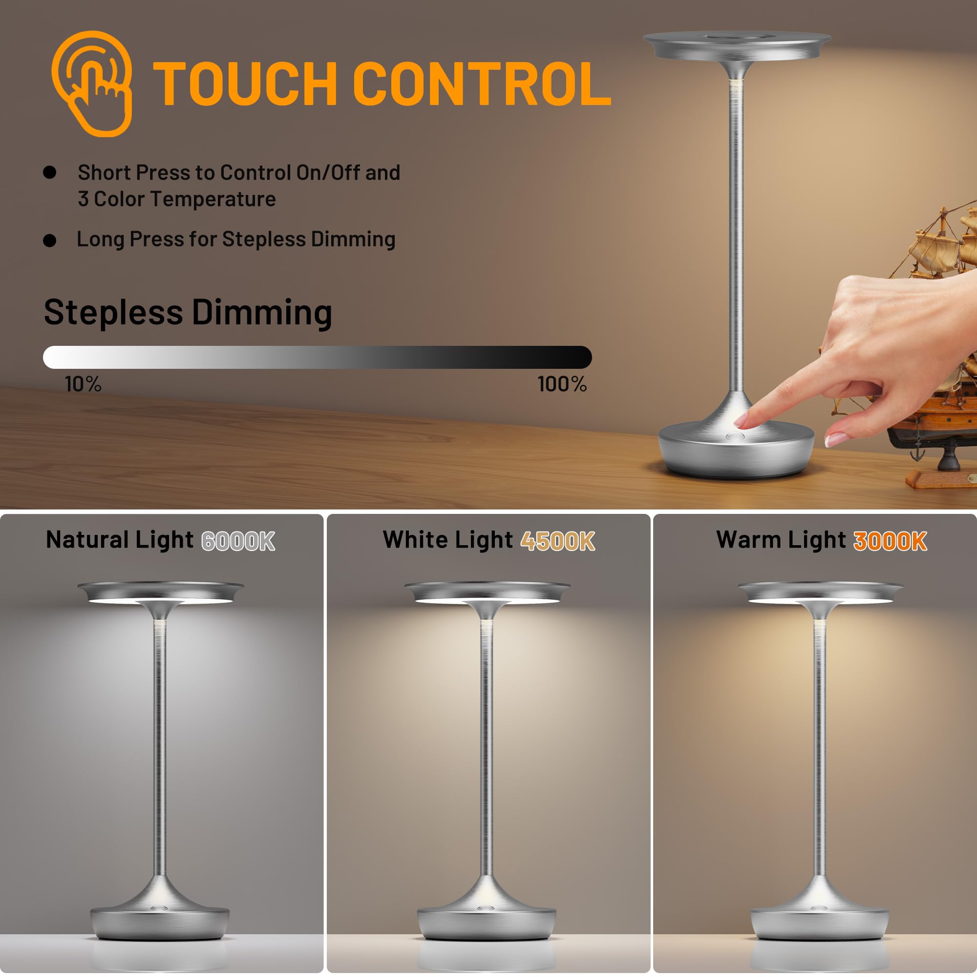 SHANGCAI LED Cordless Table Lamps - Rechargeable, 3 Color Stepless Dimming, Aluminum, 2 Pack, Silver