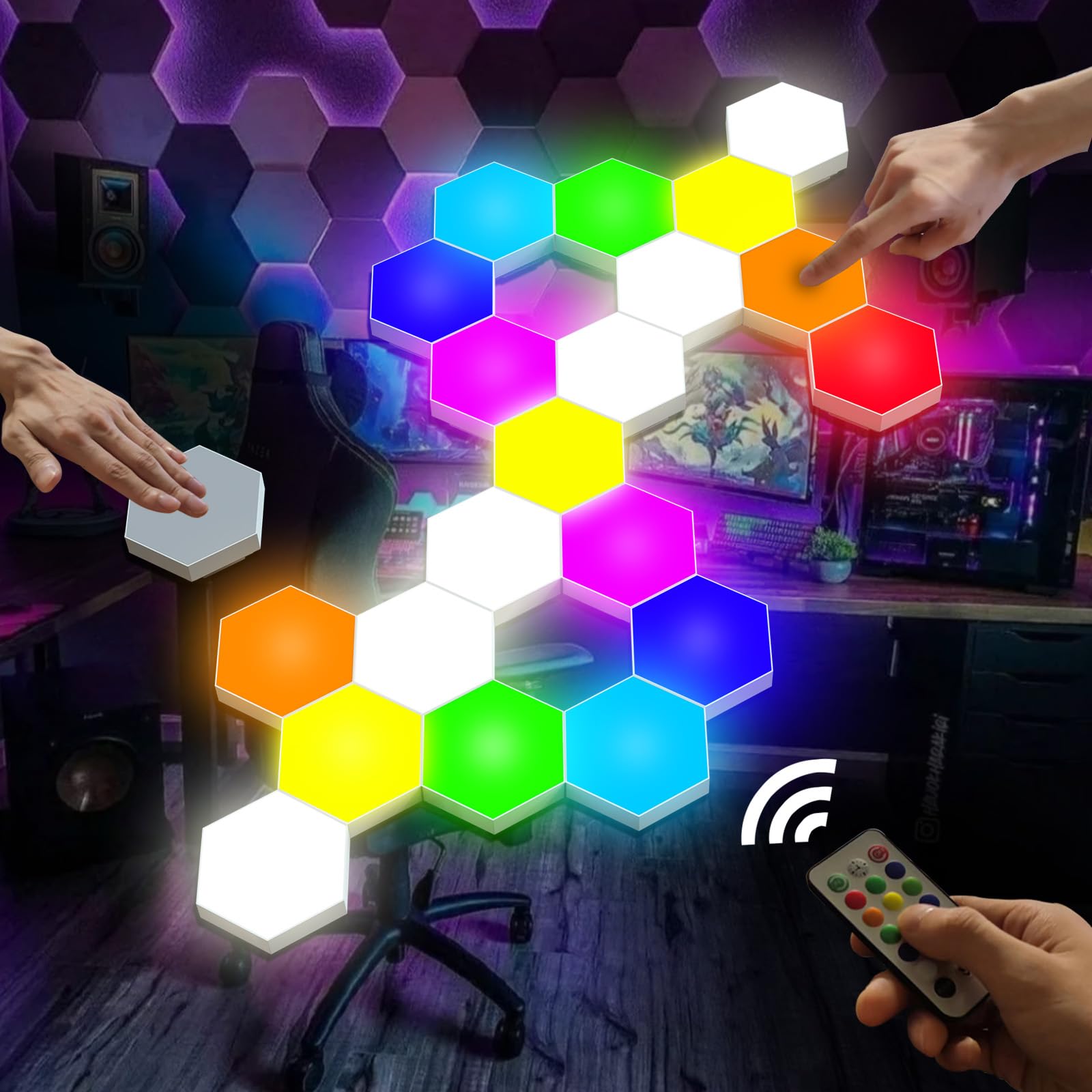Vcwtty Smart LED Hexagon Wall Lights, 13 Colors, Touch-Sensitive, USB-Powered, 12 Pack, Acrylonitrile Butadiene Styrene, Multiple Colors