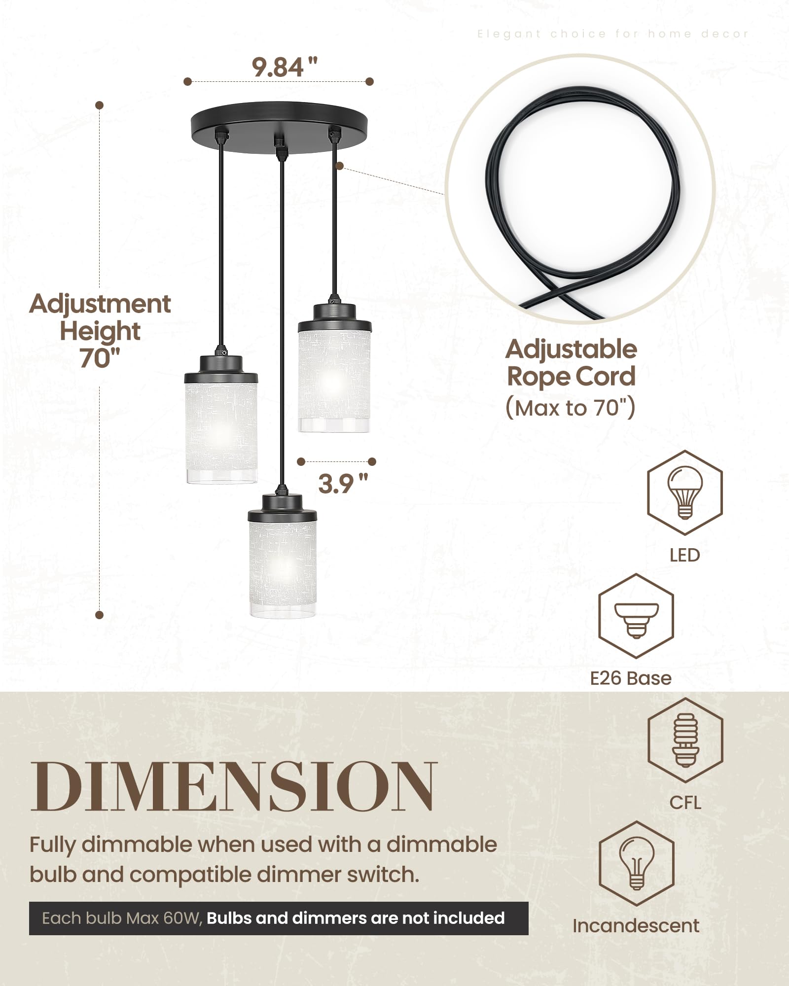 Tengxin 3-Lights Modern Pendant Light With Glass Shade Matte Black Pendant Lighting Adjustable Industrial Retro Style Hanging Li
