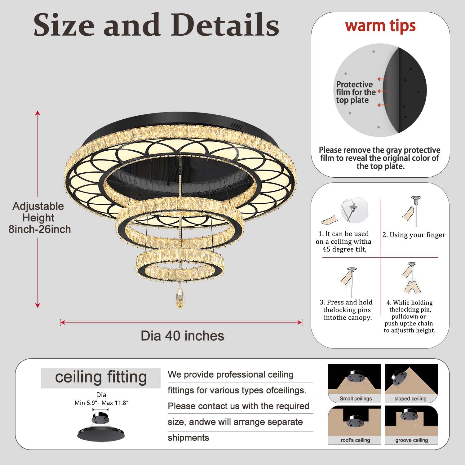 Flashing God 40" Modern Black Chandelier LED Flush Mount Light Fixture, Dimmable, for Living Room, Bedroom, Dining Room, Foyer, Model MMQ0268-100-H