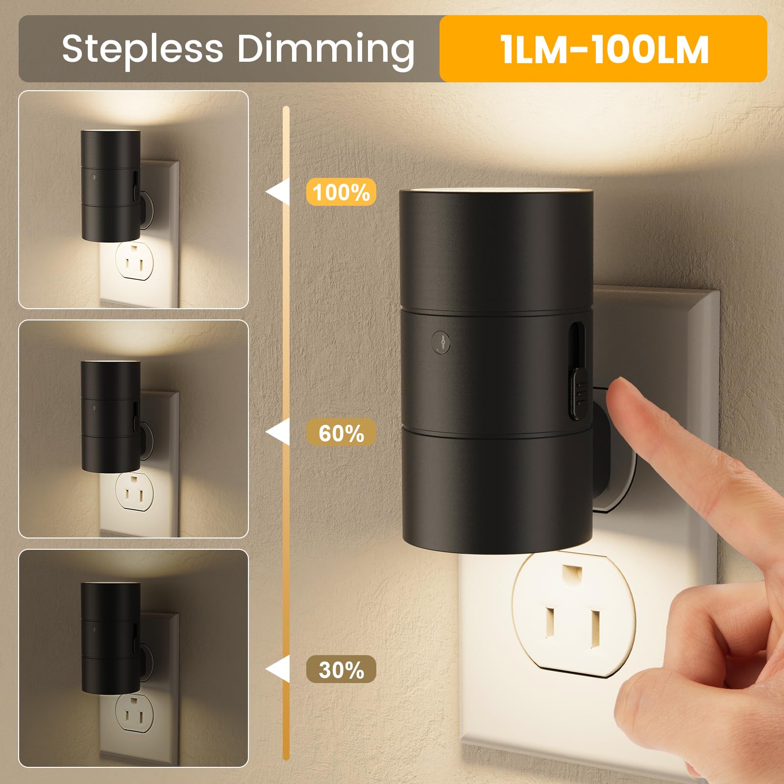 VOLISUN Dimmable LED Night Light, 0-100LM Adjustable Brightness, 2 Pack, Black, Amber/3000K/4500K, Model XYD001-amber