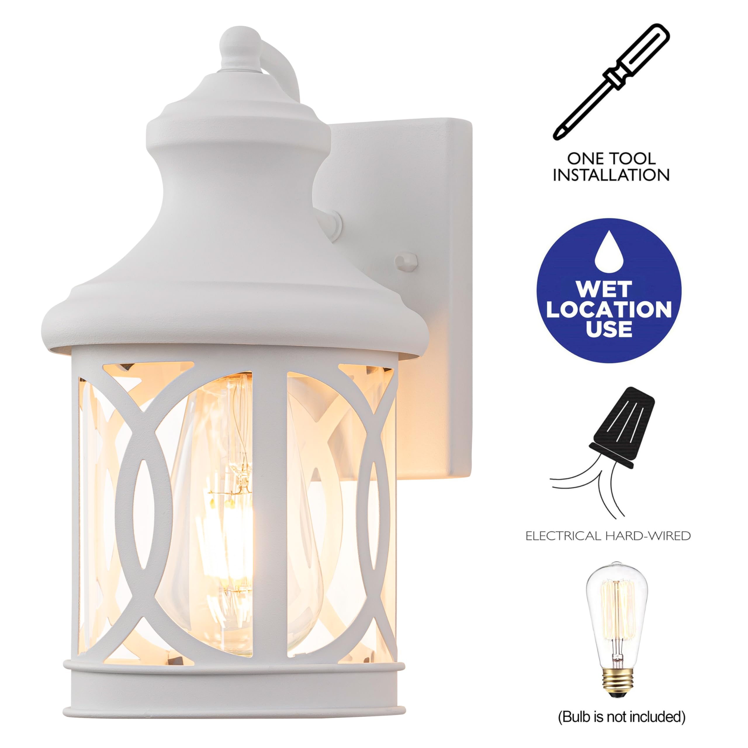 Laplusbelle Outdoor Wall Lights 2-Pack, Waterproof Metal Sconce, 12in. White with Clear Glass Shade, Model CA2309-2MWW