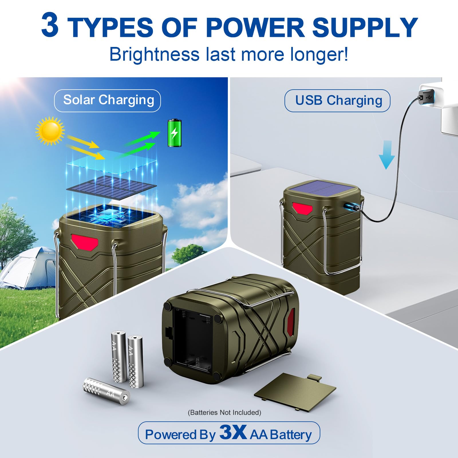LETMY Rechargeable LED Camping Lanterns - 4 Pack, Olive Green, Solar & USB Powered, Hurricane Emergency Flashlights