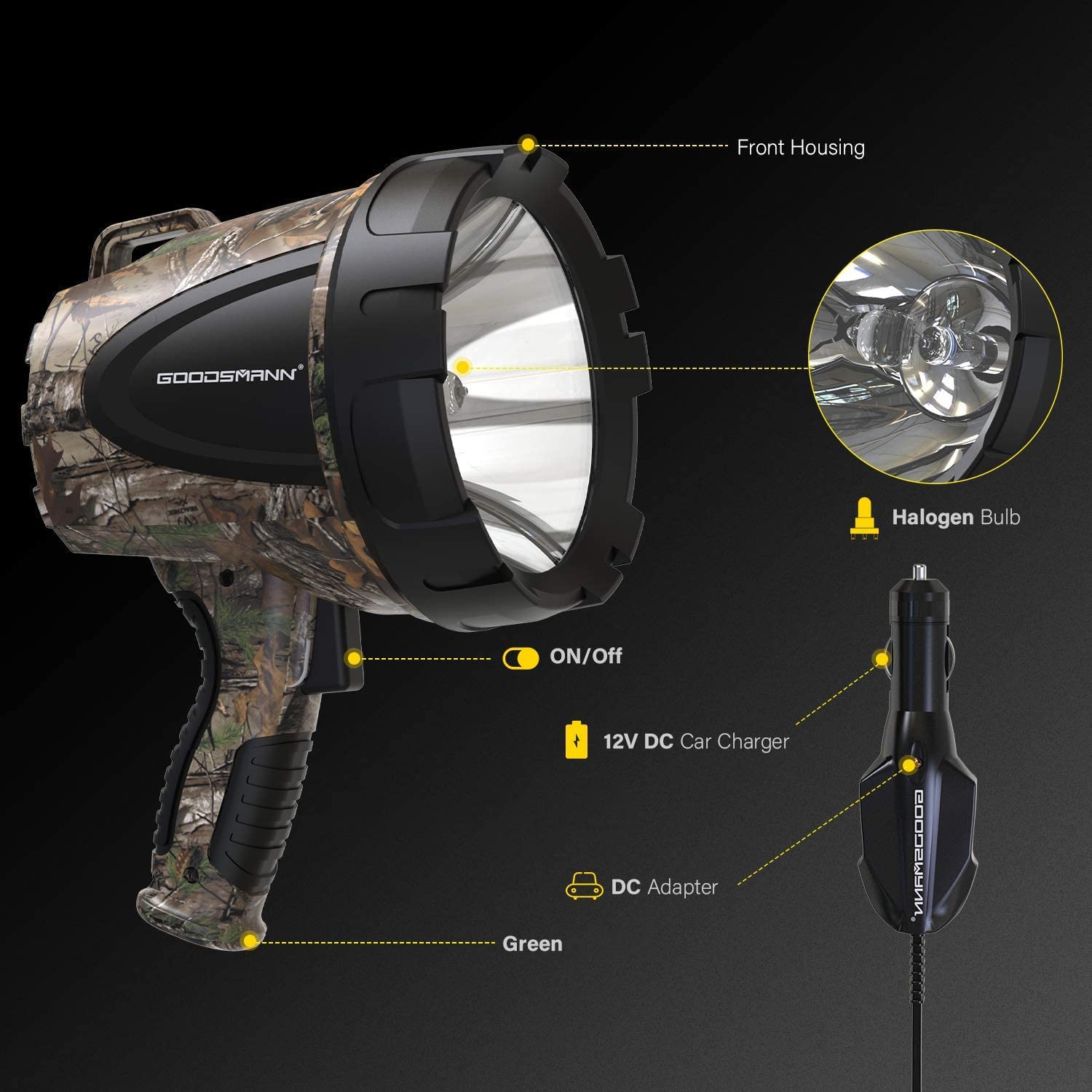 GOODSMANN Portable Handheld Spotlight 1500 Lumen Realtree Xtra Halogen 12V Boat Light - Brown & Black, Model 9924-H202-01