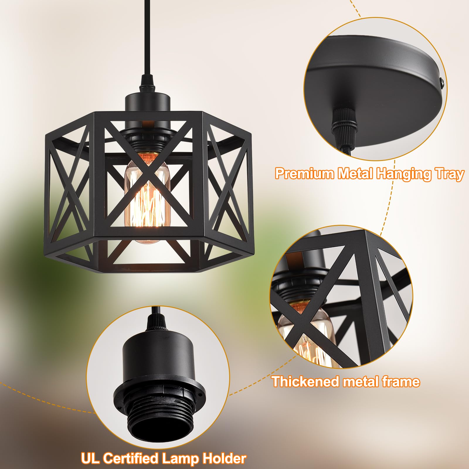 CAFULAM Farmhouse Pendant Light Fixture - 2 Light, Metal, Adjustable Height, Black Hexagon Lantern for Kitchen Island