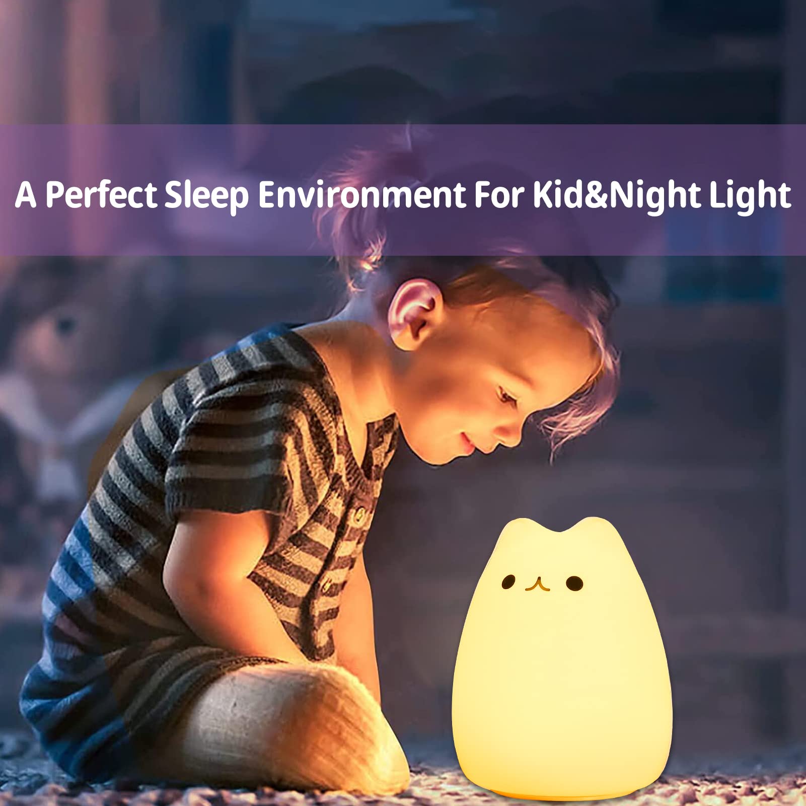 Zklili Cute Remote Cat Nursery Night Lights Usb Rechargeable Cat Lamp Nightlight Birthday Christmas Gift With Warm White And 7-Color Breathing Modes For Kids Baby Children (Renqimao)