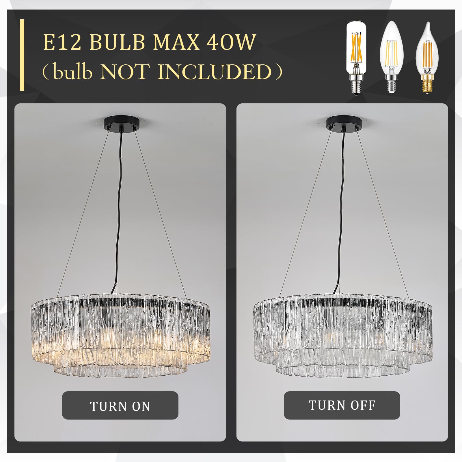 CATINER 24” Black Crystal Glass Chandelier, 10-Light Drum Pendant Ceiling Fixture for Dining Room, Foyer, Living Room, Bedroom