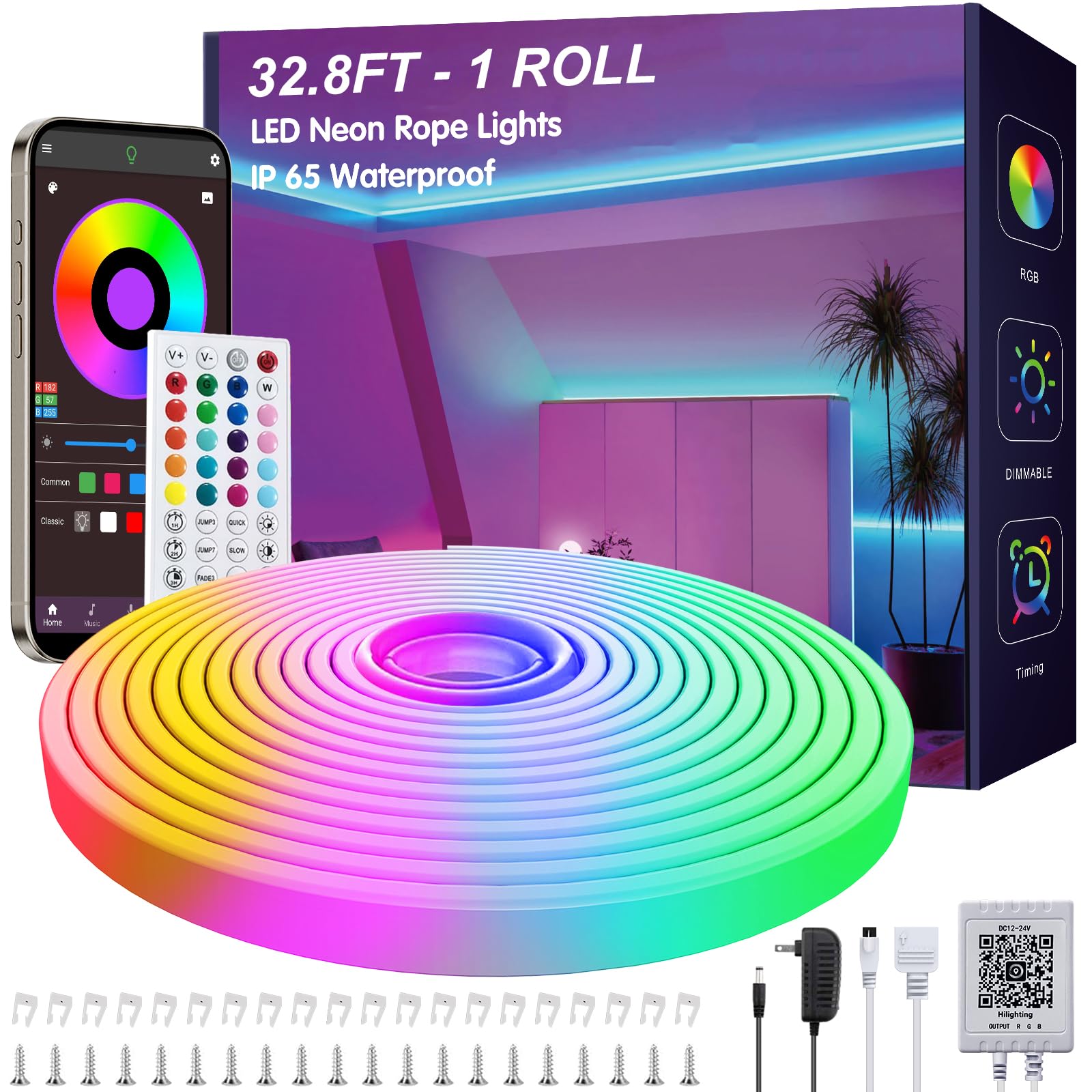 Ledagic 32.8Ft Led Neon Rope Lights With App And Remote Control, Ip65 Waterproof Neon Strip Lights For Outdoor Indoor, Diy Design Flexible Led Rope Lights For Bedroom, Living, Gaming, Party Decor