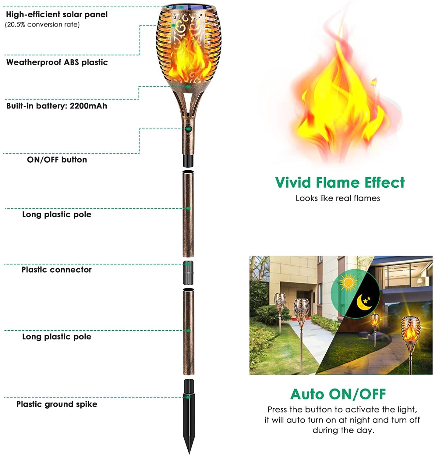 TomCare Solar Torch Lights - 99 LED Flickering Flame, Waterproof, Large 4 Pack, Bronze, Model SL-1036B for Garden Patio Yard