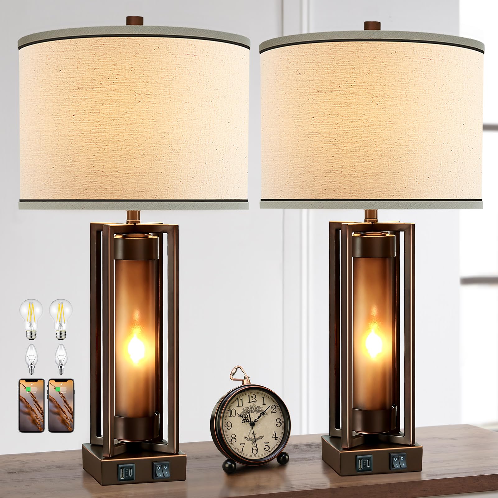 RORIANO Rustic Table Lamps for Living Room Set of 2 with USB C+A Ports, Farmhouse Vintage Nightstand Lamp with Amber Glass Night