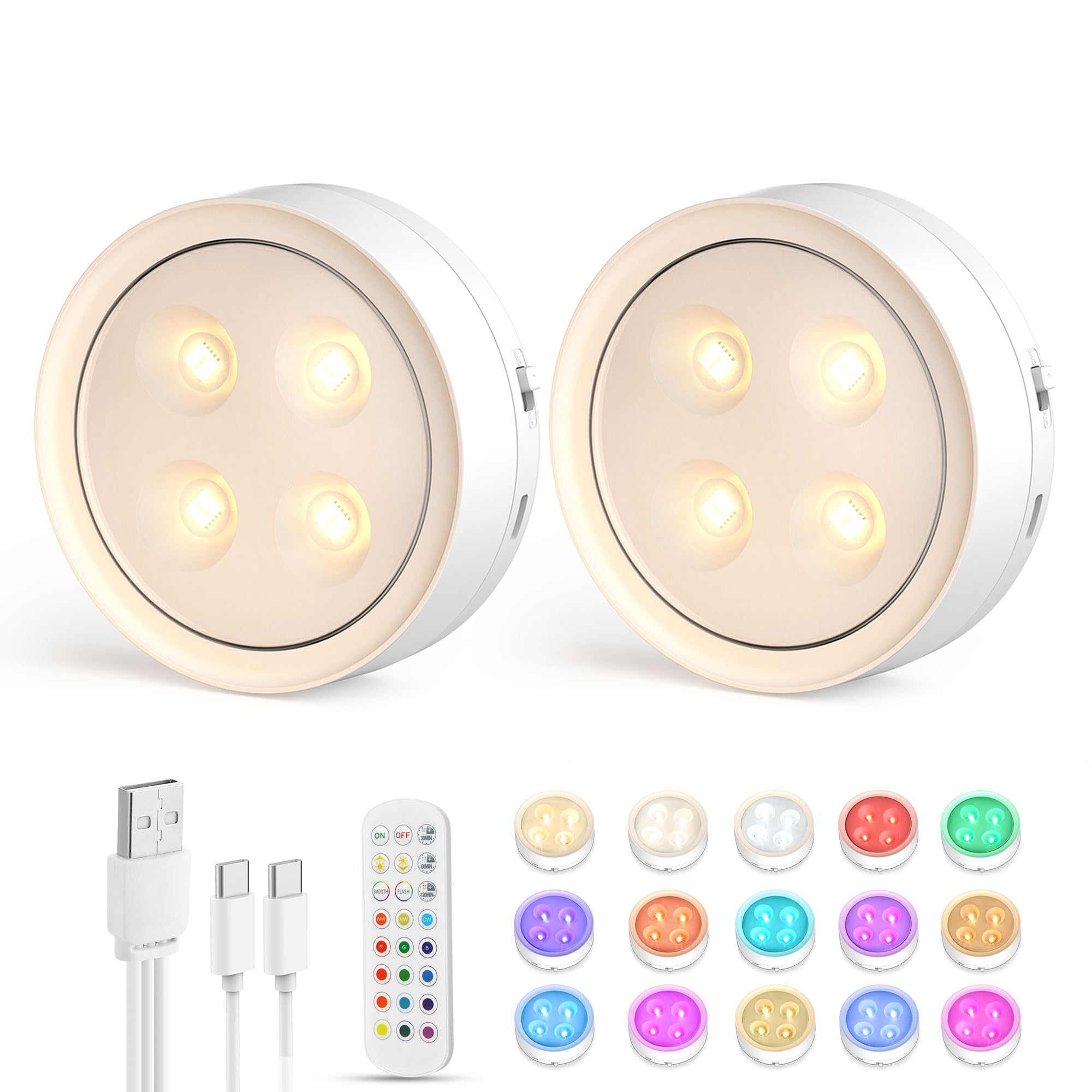 Onumii Puck Lights with Remote Rechargeable Under Cabinet Lighting 1200mAh Colors Changing Lights Magnetic Stick on Lights for K