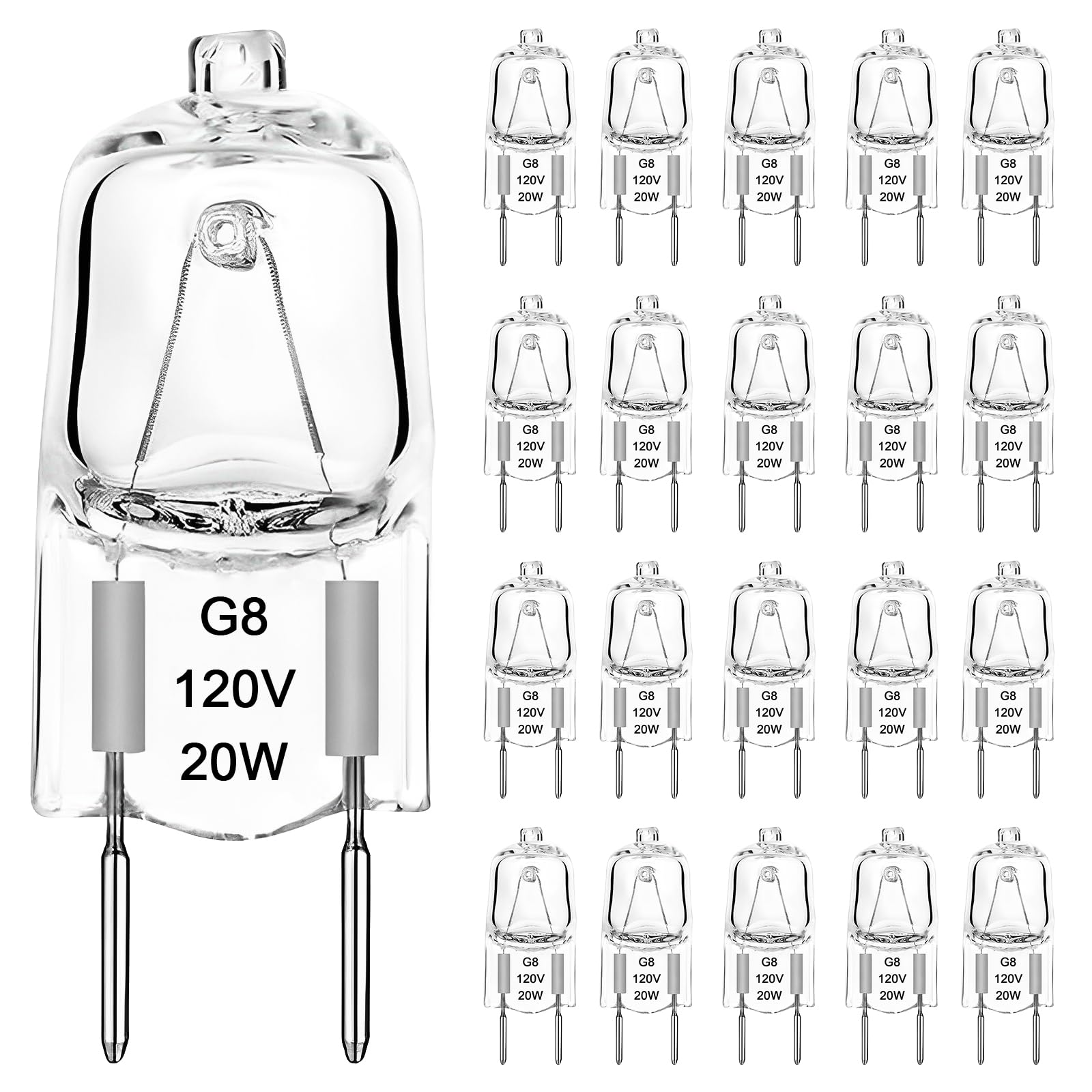 TAIYALOO G8 Halogen Light Bulbs 20W Dimmable 120V G8 Base 2Pin Xenon Bulb (20 Pack) T4 JCD Type Warm White Under Cabinet Puck Lighting Replacements