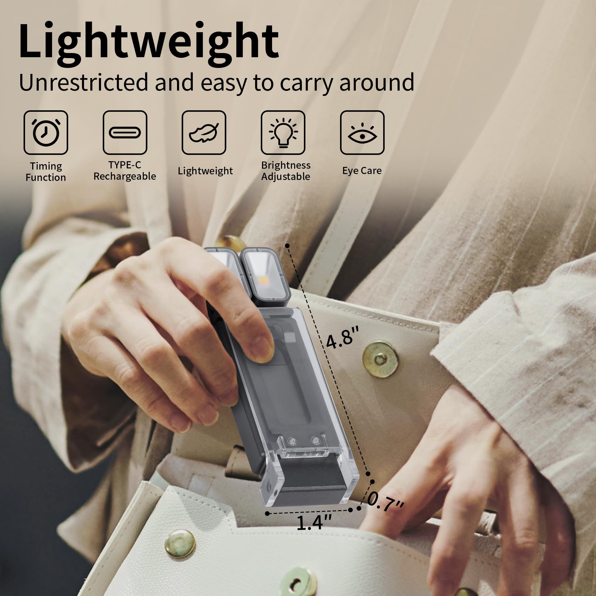 Dott Arts Book Light - 1000mAh Dual-Head LED Reading Lamp, 5 Colors, 6 Brightness Levels, Timer Function, Rechargeable, Black, Model WLM123-B