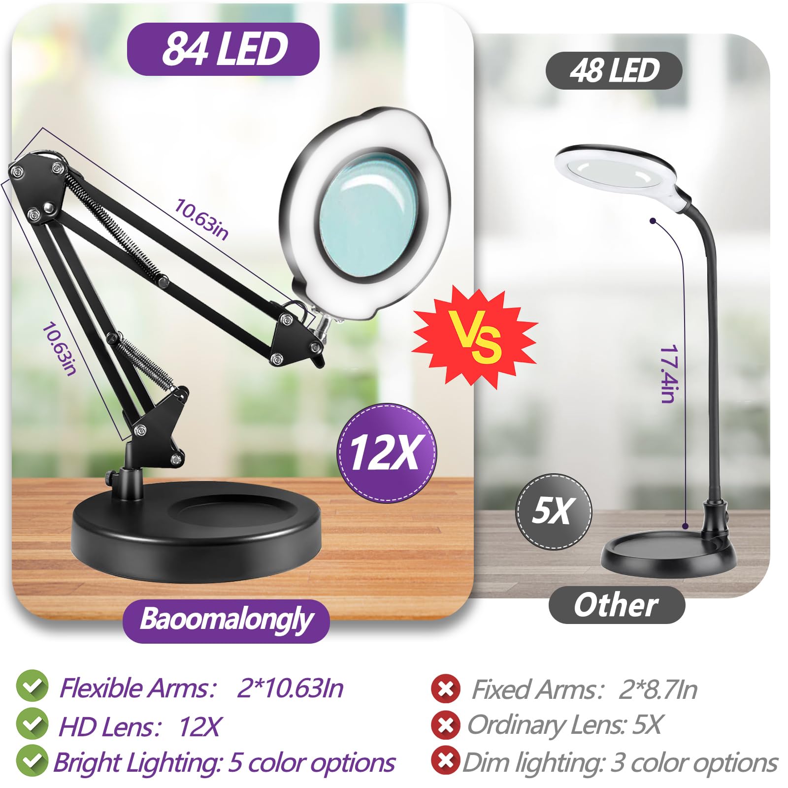 Baoomalongly 12X Magnifying Glass Lamp, Adjustable Swing Arm 72 Leds Real Glass Lens Magnifier Light,5 Color Modes 10 Stepless D