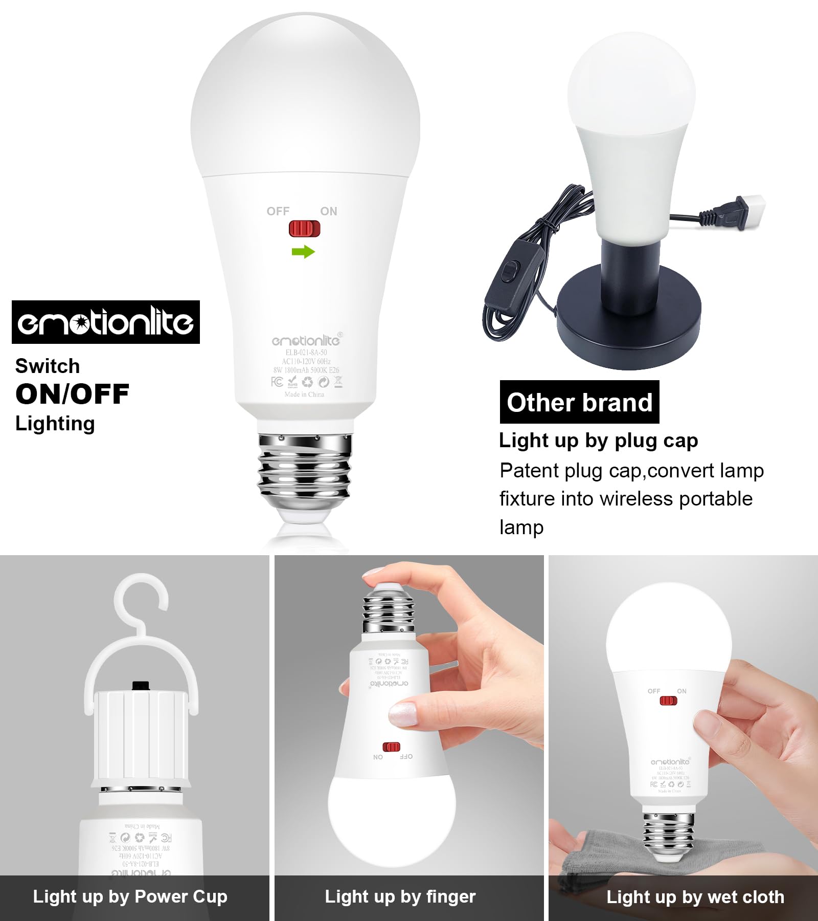 Emotionlite Rechargeable Emergency Light Bulb, 1800mAh Battery, 3 Brightness Levels, E26 Base, 5000K, 1 Pack