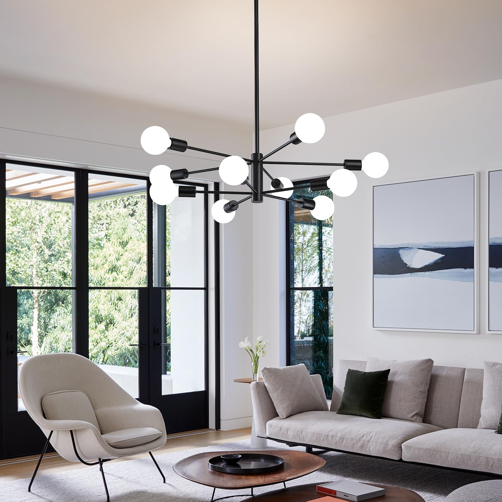 RUIYEY Modern Sputnik 10-Light Chandelier, Adjustable Black Ceiling Fixture for Dining Room, Kitchen Island, Living Room