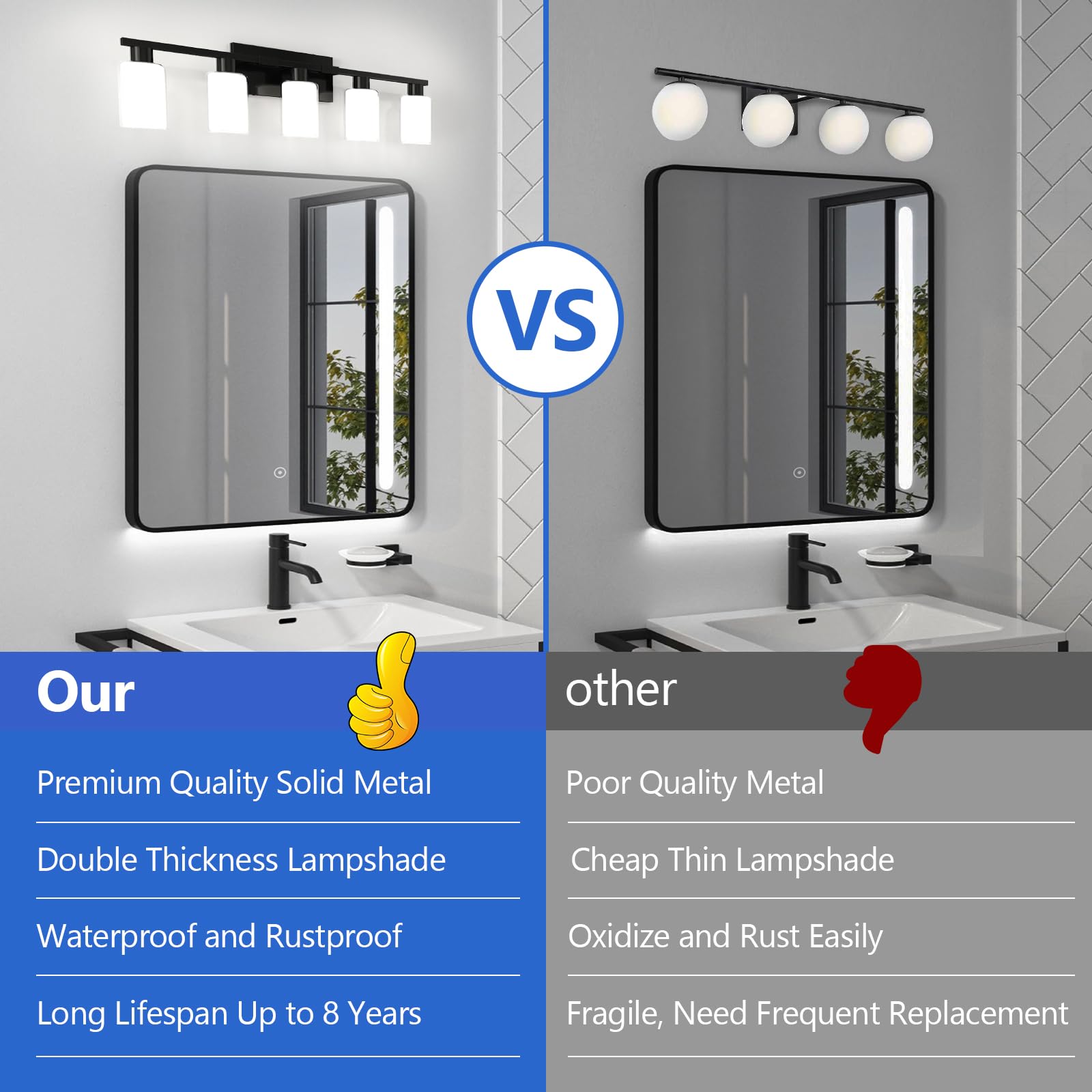 Zhizenl 5-Light Bathroom Vanity Fixtures, Matte Black with Frosted & Clear Glass, Modern Wall Sconces, Model B216-082-BK