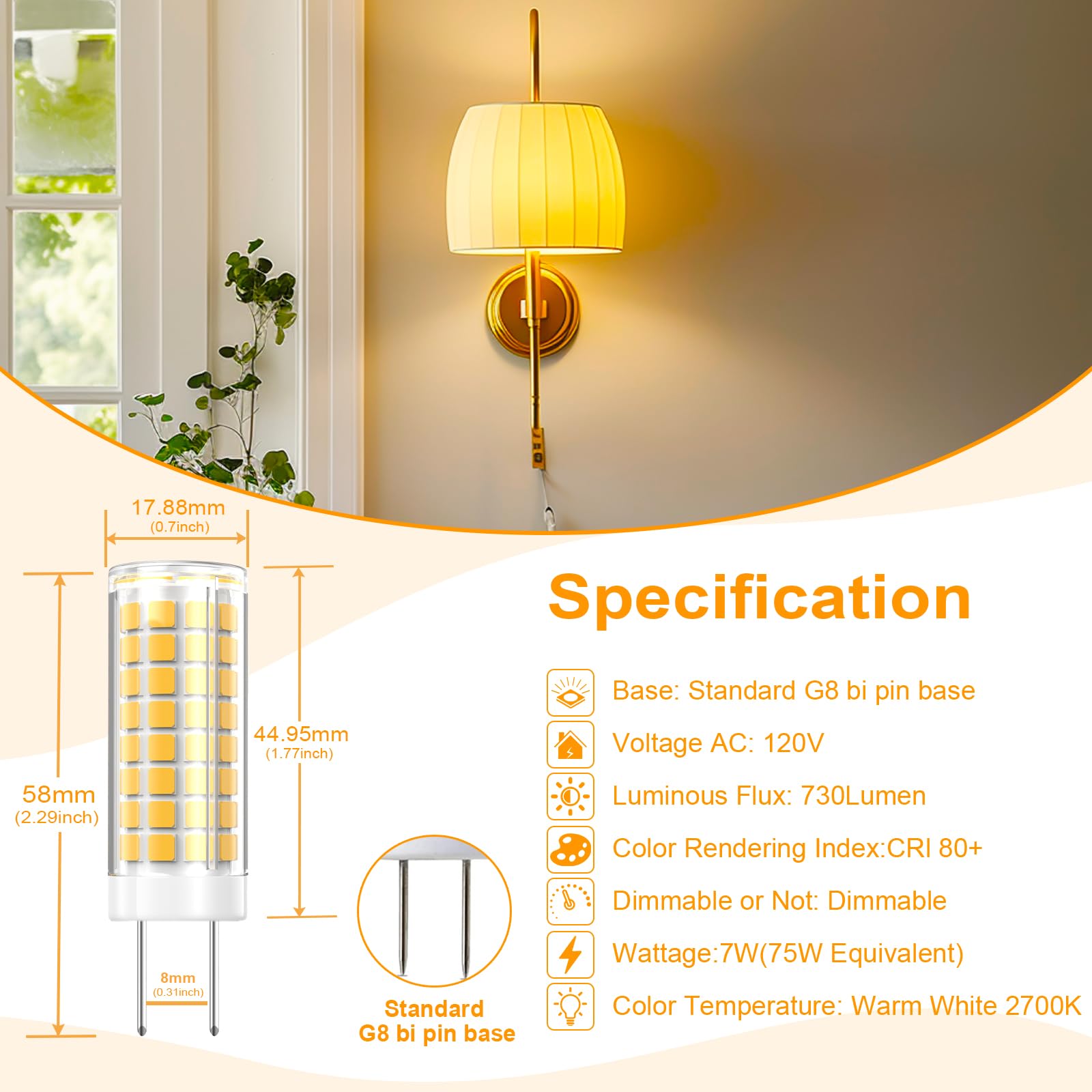 VYAOMLI G8 LED Light Bulbs 7W Dimmable Warm White 5 Pack GY8.6 Bi-Pin Base for Kitchen Under Cabinet Lighting