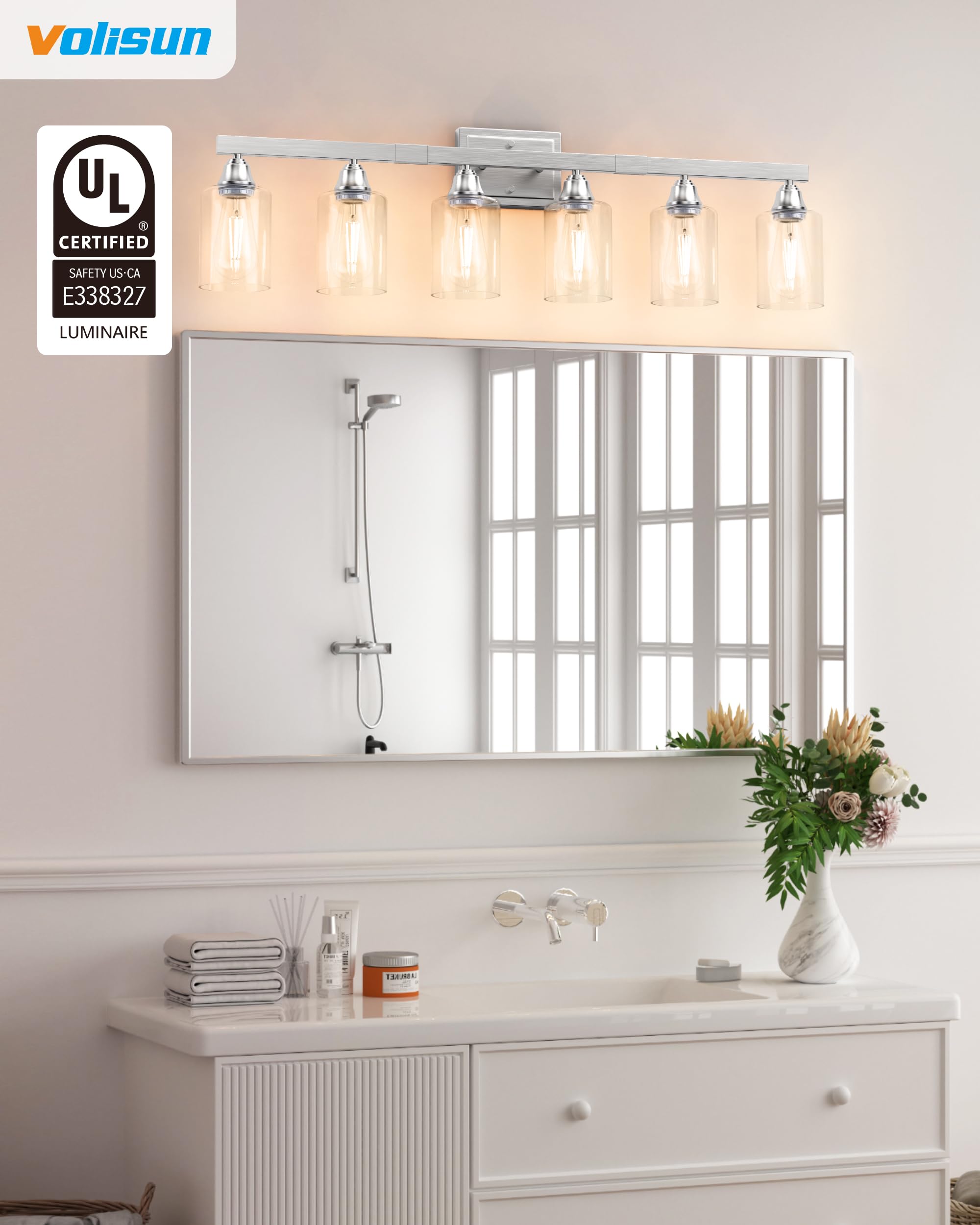 Volisun 6-Light Bathroom Light Fixtures, Brushed Nickel Bathroom Vanity Light Over Mirror, Modern Vanity Lights For Bathrooms, B
