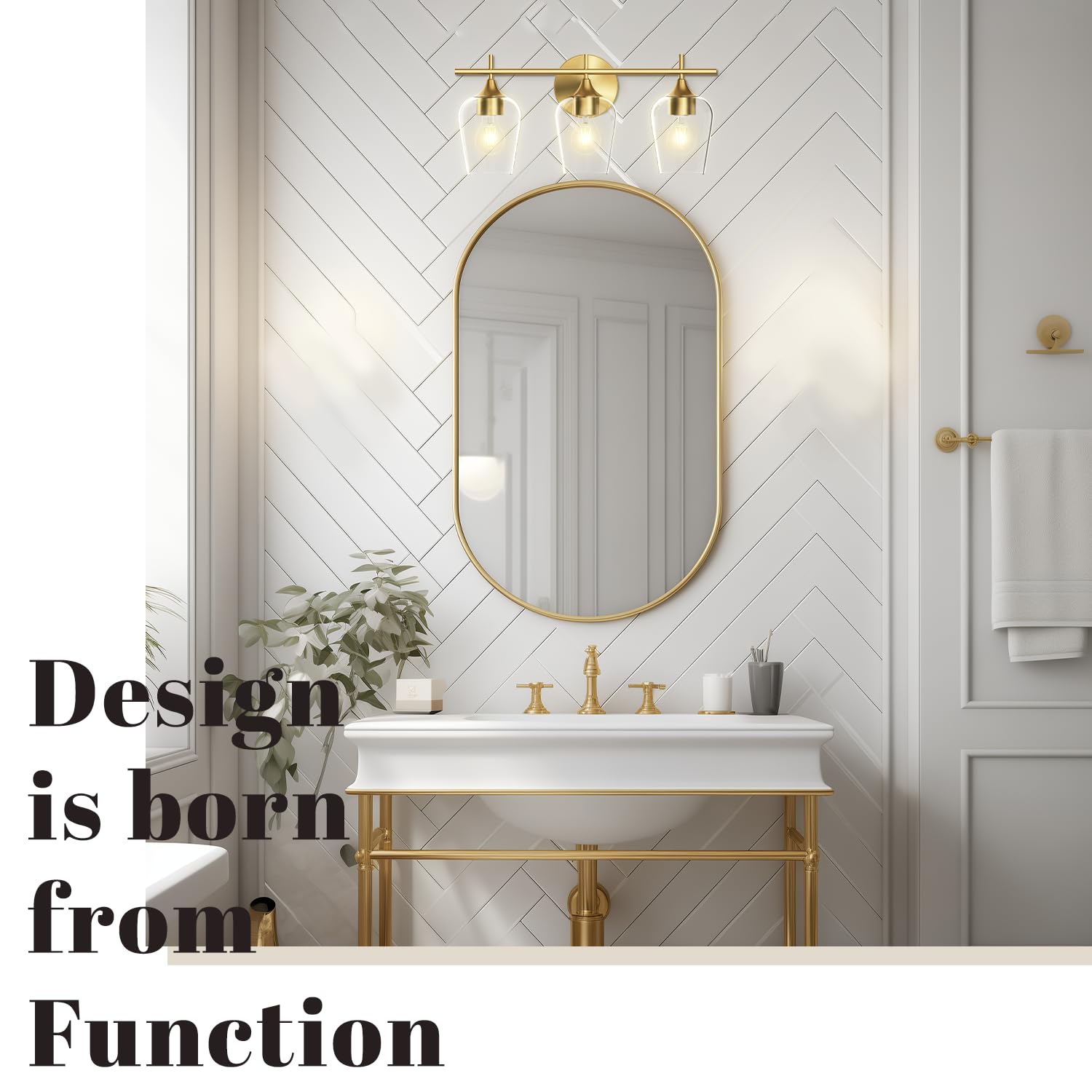Hamilyeah Bathroom Vanity Light Fixture, 3-Light Glass Shade, Modern Brass Design, Model WLFBR1006, Ideal for Indoor Use