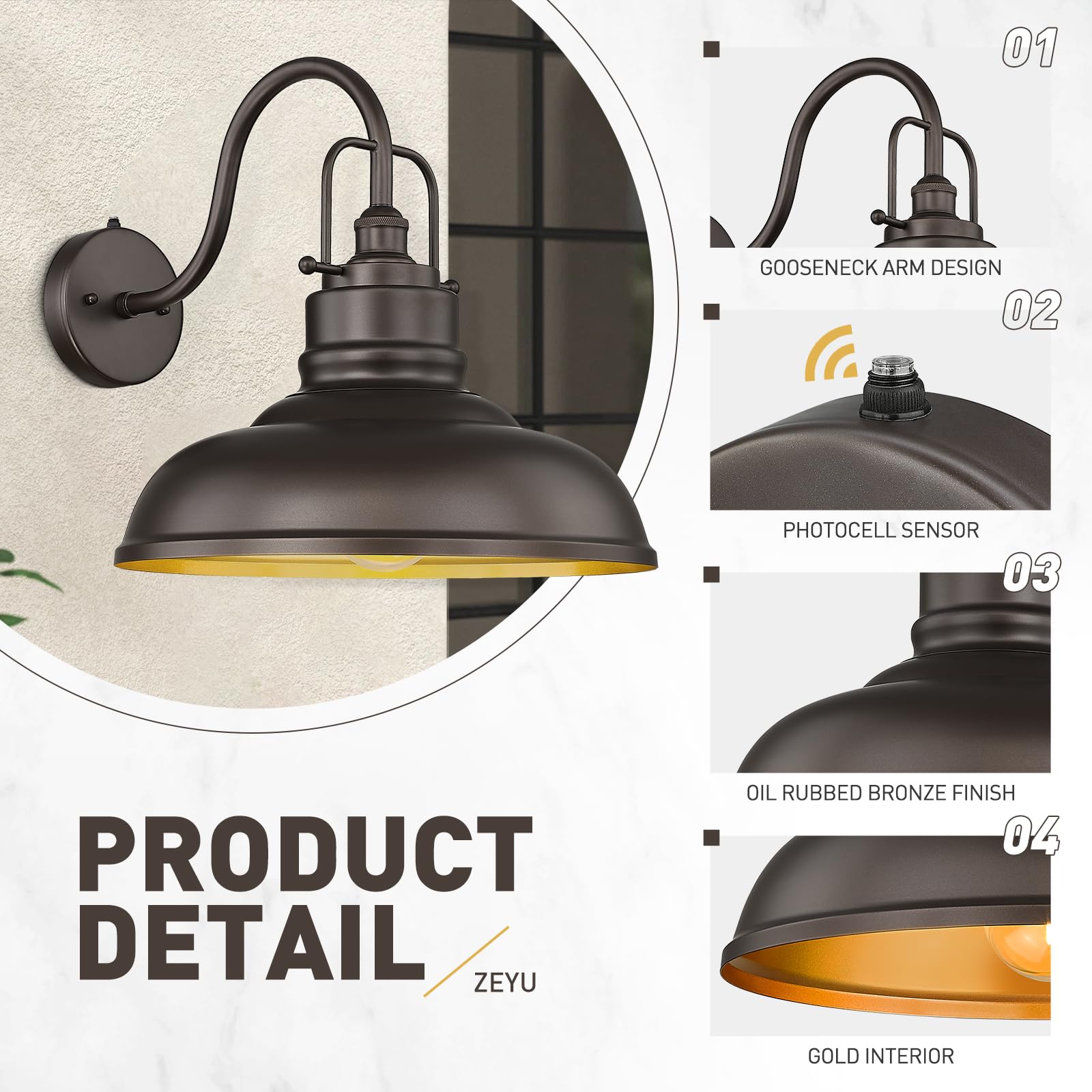 Zeyu 18 Inch Vintage Gooseneck Wall Light Fixture, Outdoor Dusk To Dawn Barn Light, Farmhouse Wall Sconce Light For Garden Garag