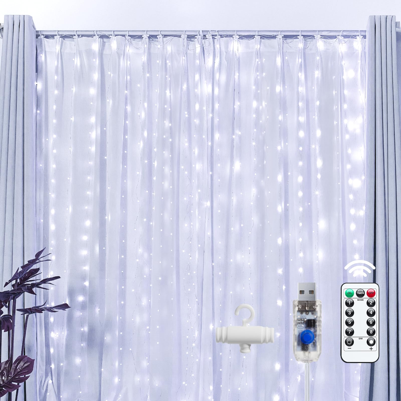 Brightown 300 LED Fairy Curtain Lights, 9.8ft x 9.8ft White Curtain String Lights, Winter Wonderland Decorations, USB Plug 8 Mod