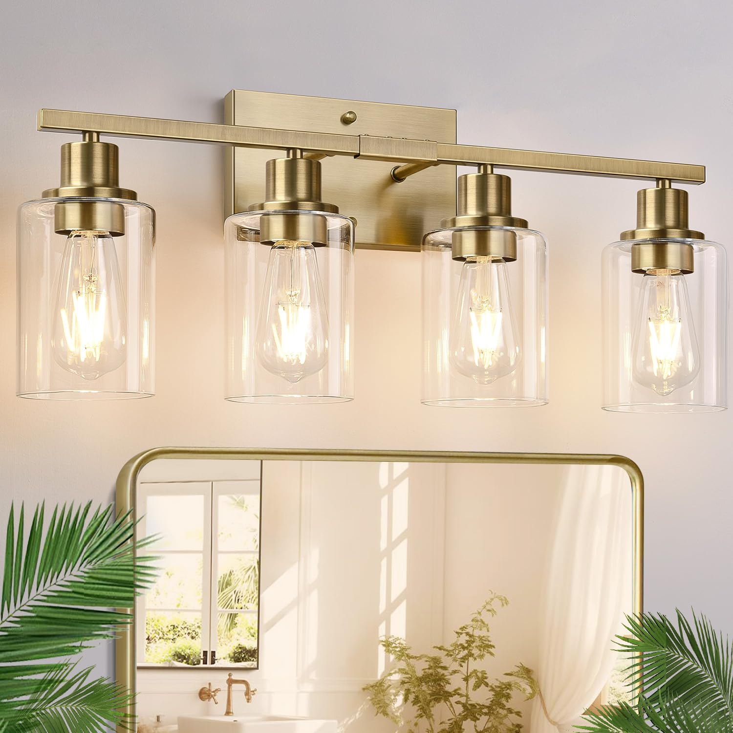 Indoi 4 Light Bathroom Light Fixtures, Brass Vanity Lights For Bathroom With Clear Glass Shades, Modern Bathroom Wall Sconces Fo