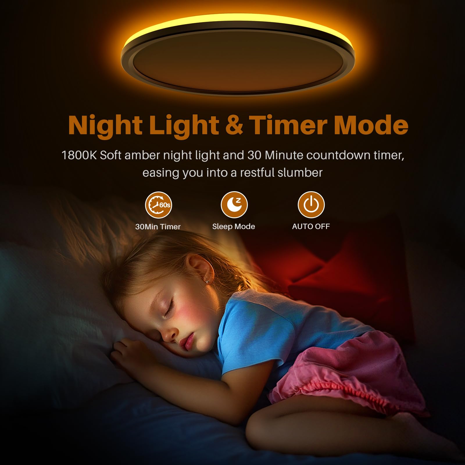 Amazefan 15 Inch Led Flush Mount Ceiling Light - 36W Dimmable, Night Light, Black, Model: Led Deckenleuchte