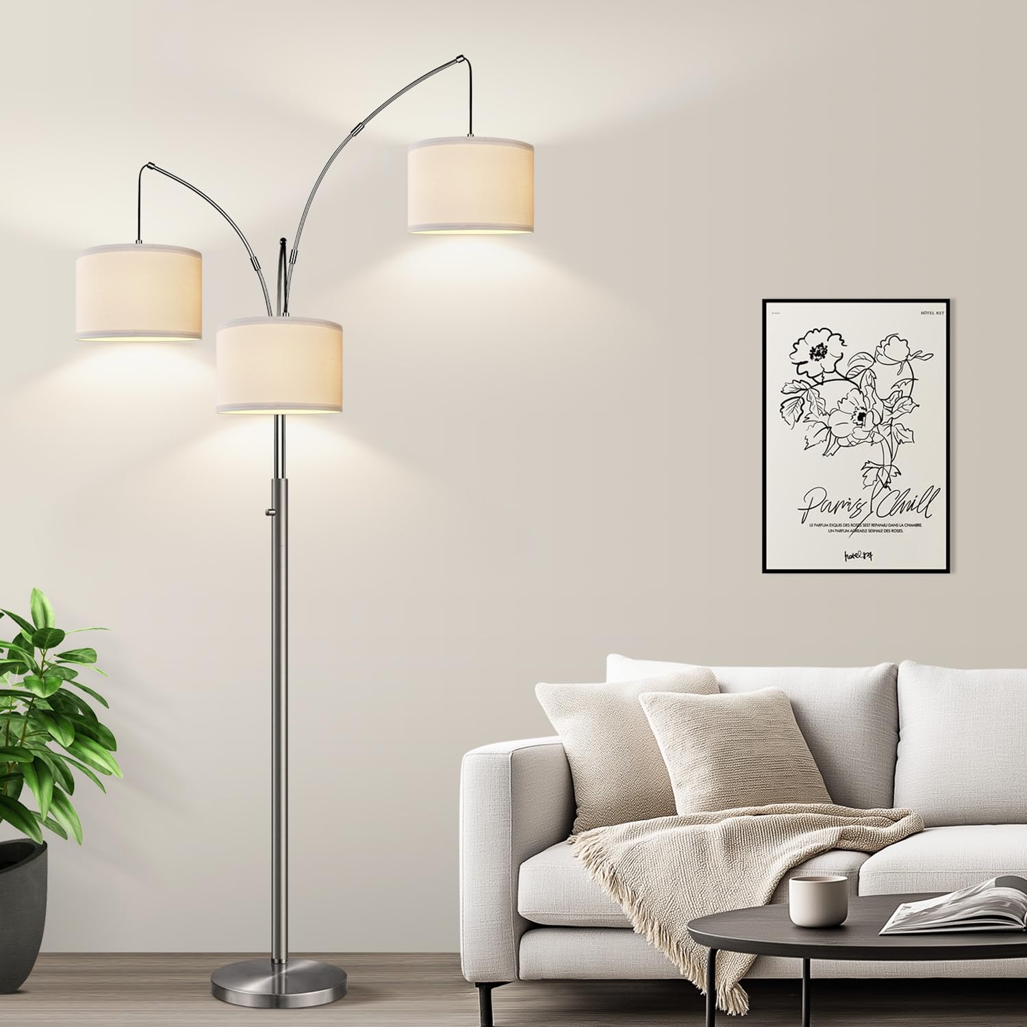 Nintiue Dimmable Floor Lamp - 3 Lights Silver Floor Lamps For Living Room With White Shades & Heavy Base, Mid Century Tree Floor